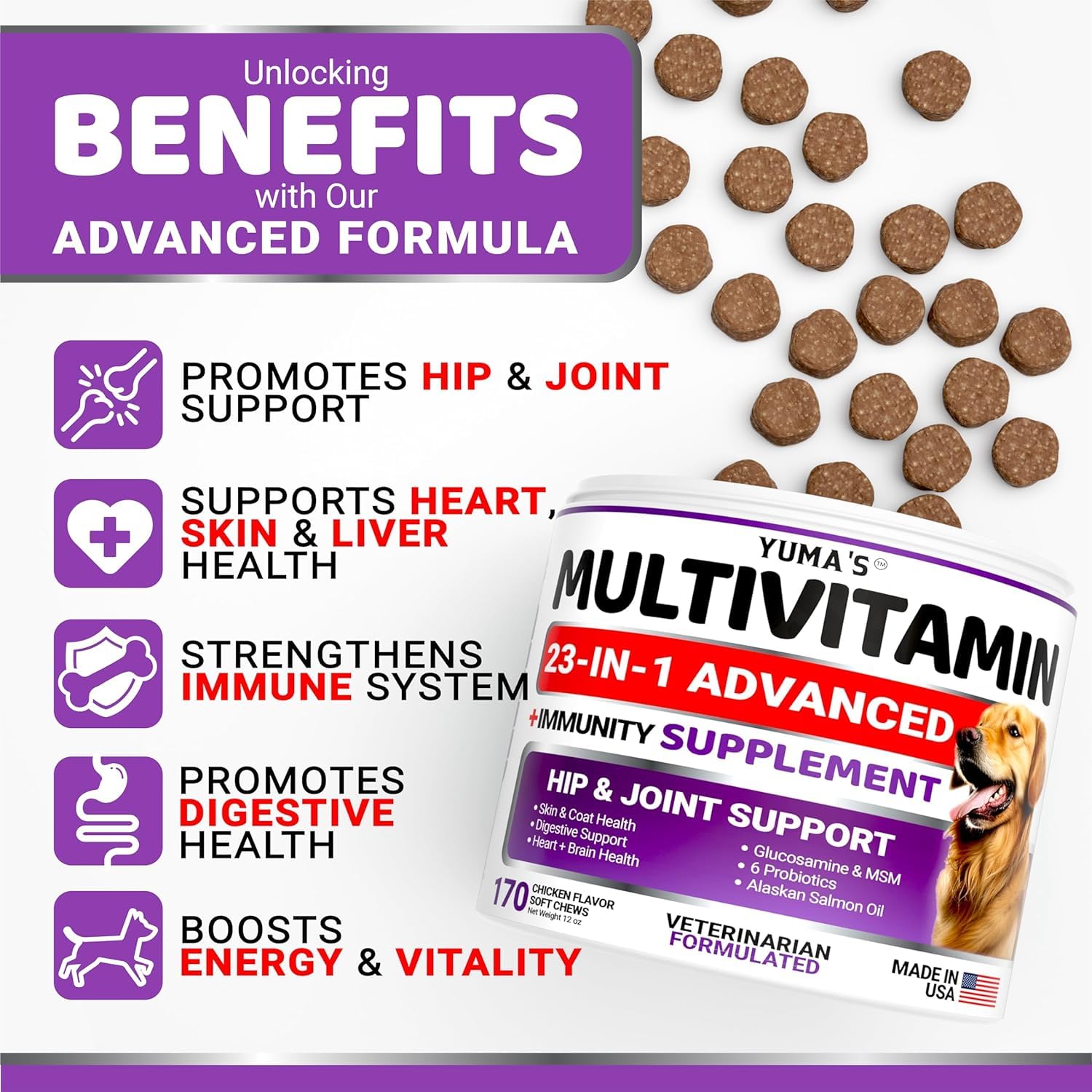 YUMA'S dog multivitamin with glucosamine supports hips and joints.