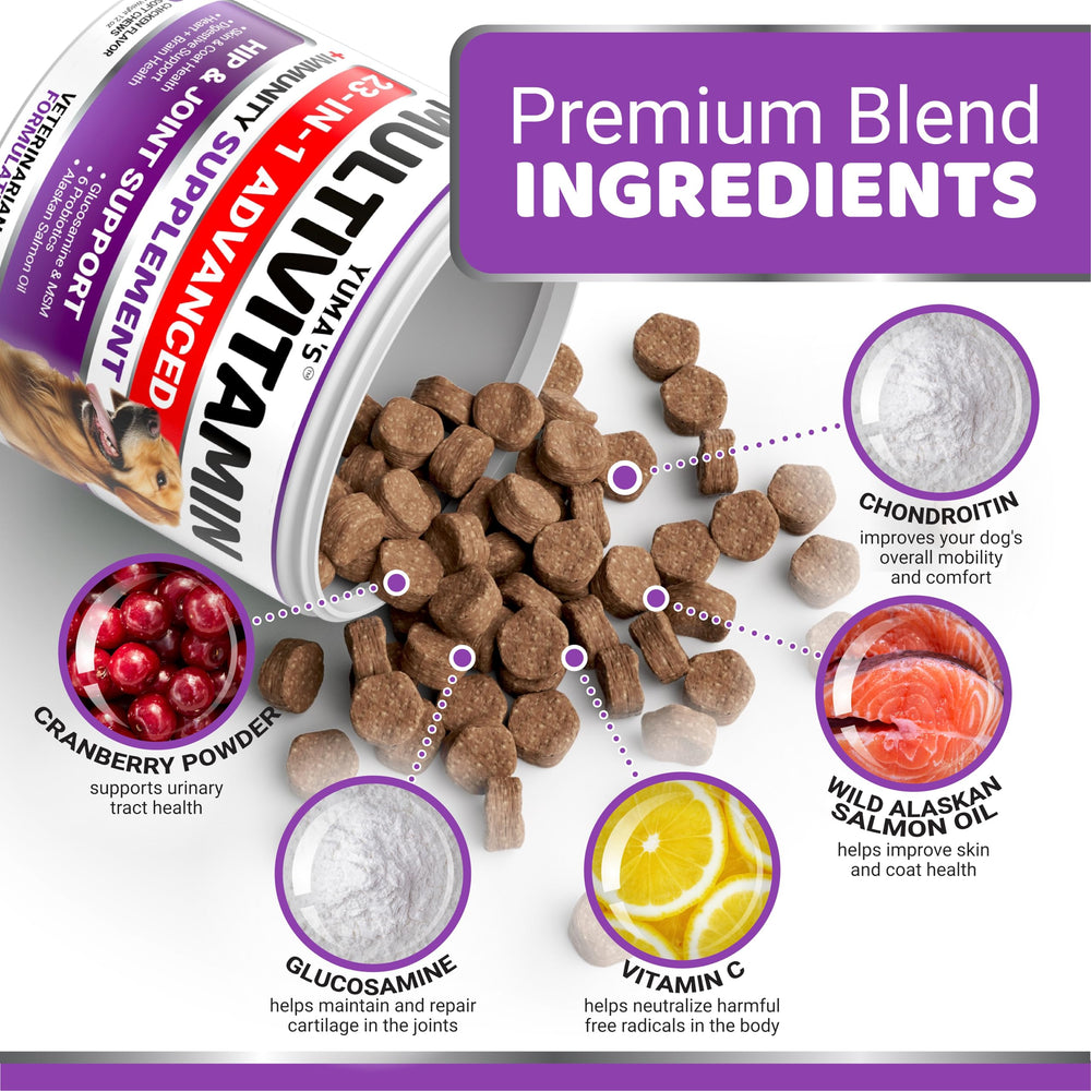 YUMA'S dog multivitamin glucosamine visual emphasizes joint support.