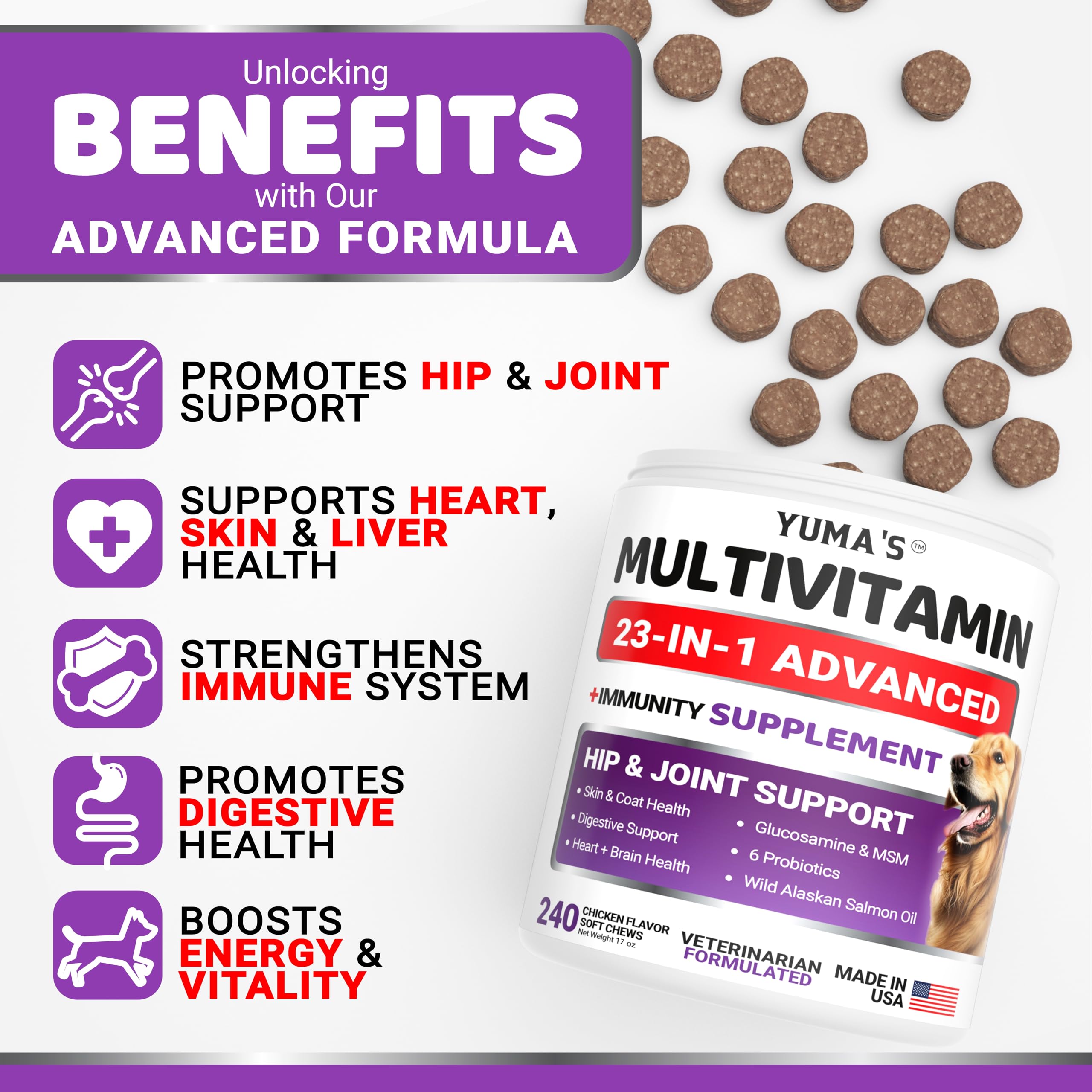 YUMA'S Dog Multivitamin hip-joint support boosts flexible movement.