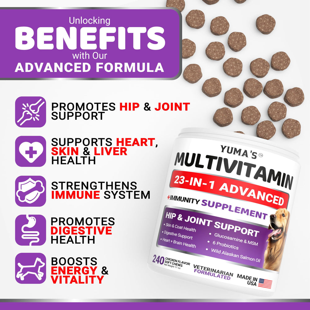 YUMA'S Dog Multivitamin hip-joint support boosts flexible movement.