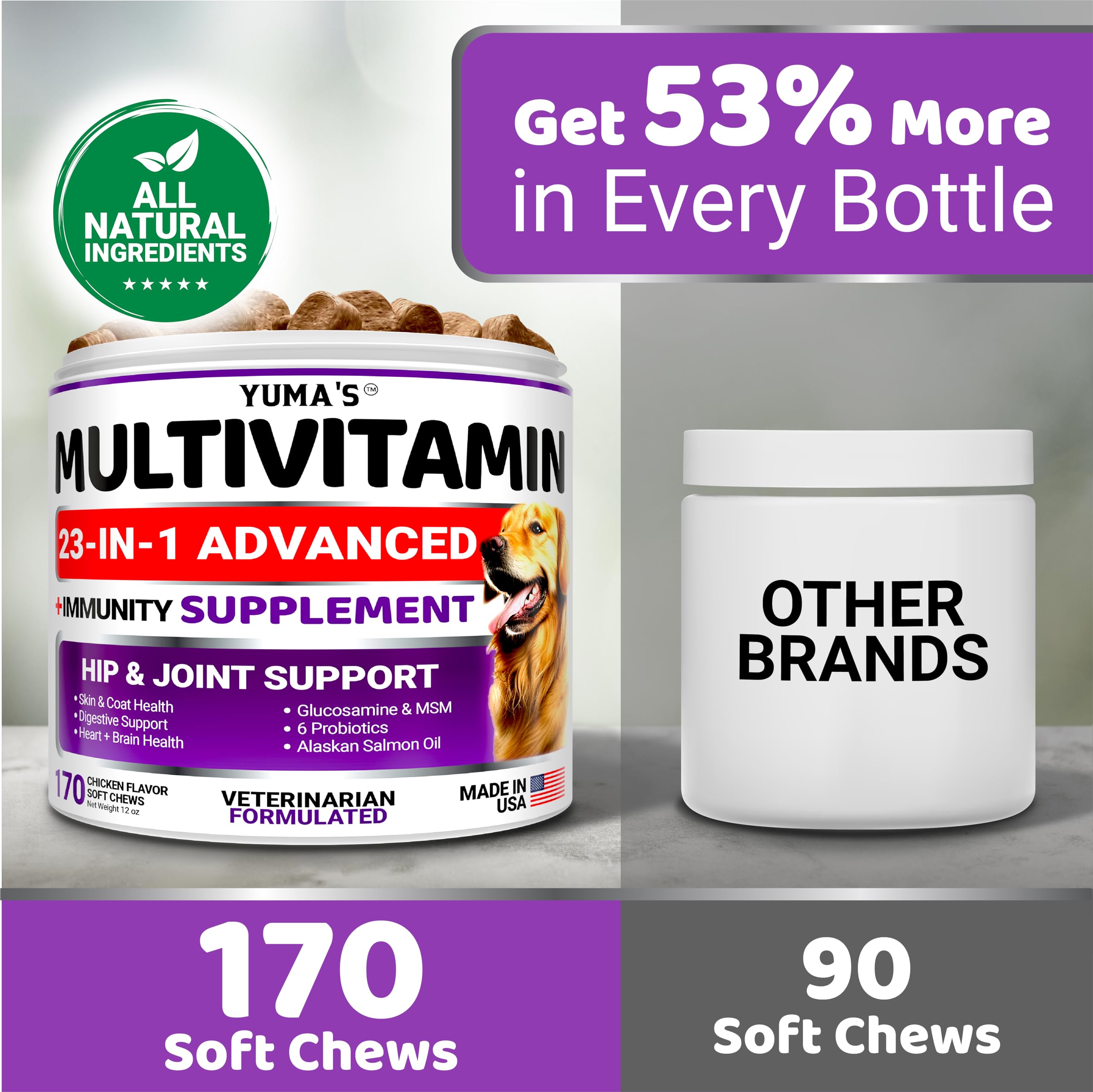 YUMA'S dog multivitamin USA-made facility badge signals quality.