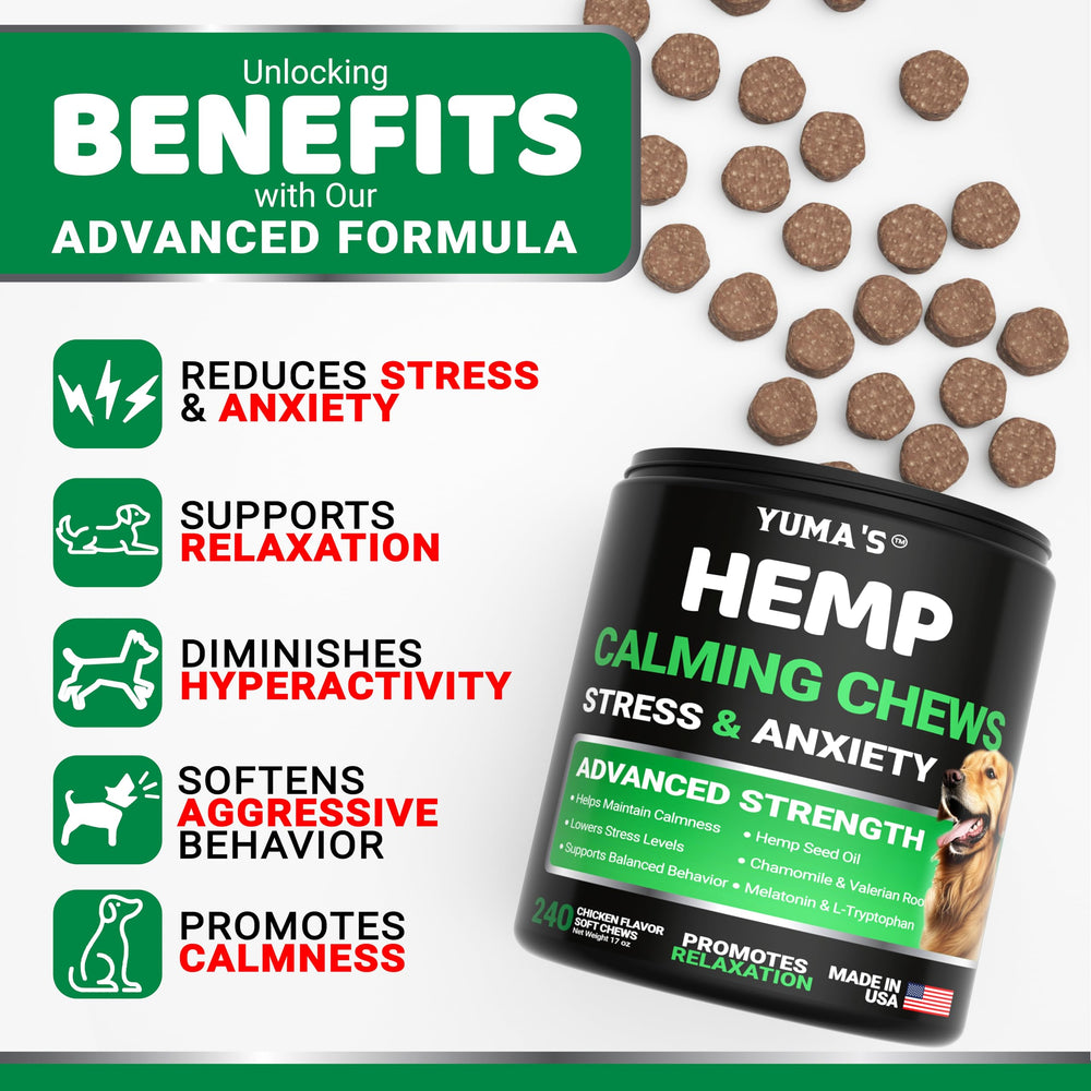 YUMA'S dog treats closeup highlights melatonin and calming botanicals for restful moments.
