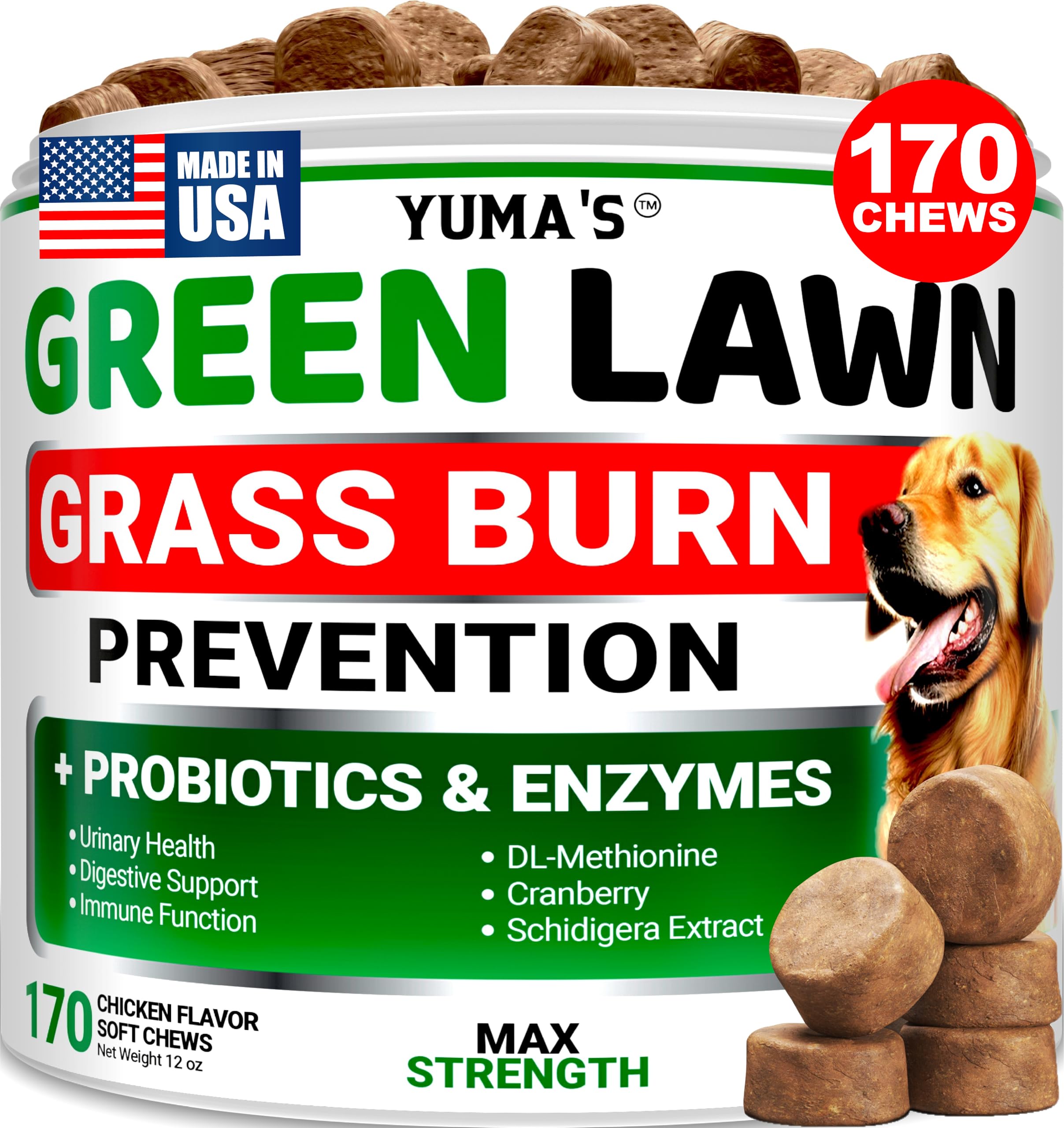 YUMA'S dog urine neutralizer lawn chews packaging, convenient lawn-saving solution
