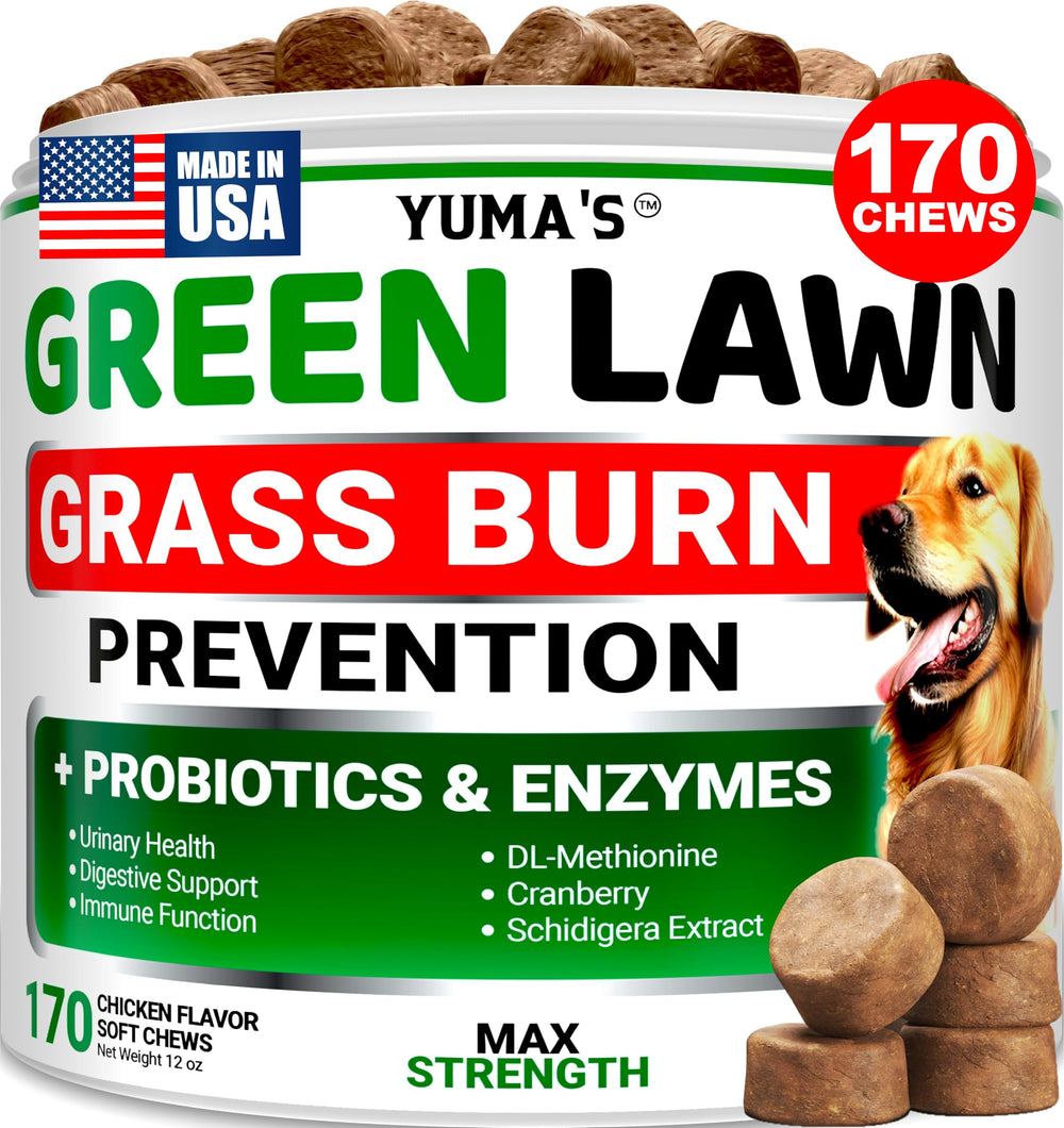 YUMA'S dog urine neutralizer lawn chews packaging, convenient lawn-saving solution