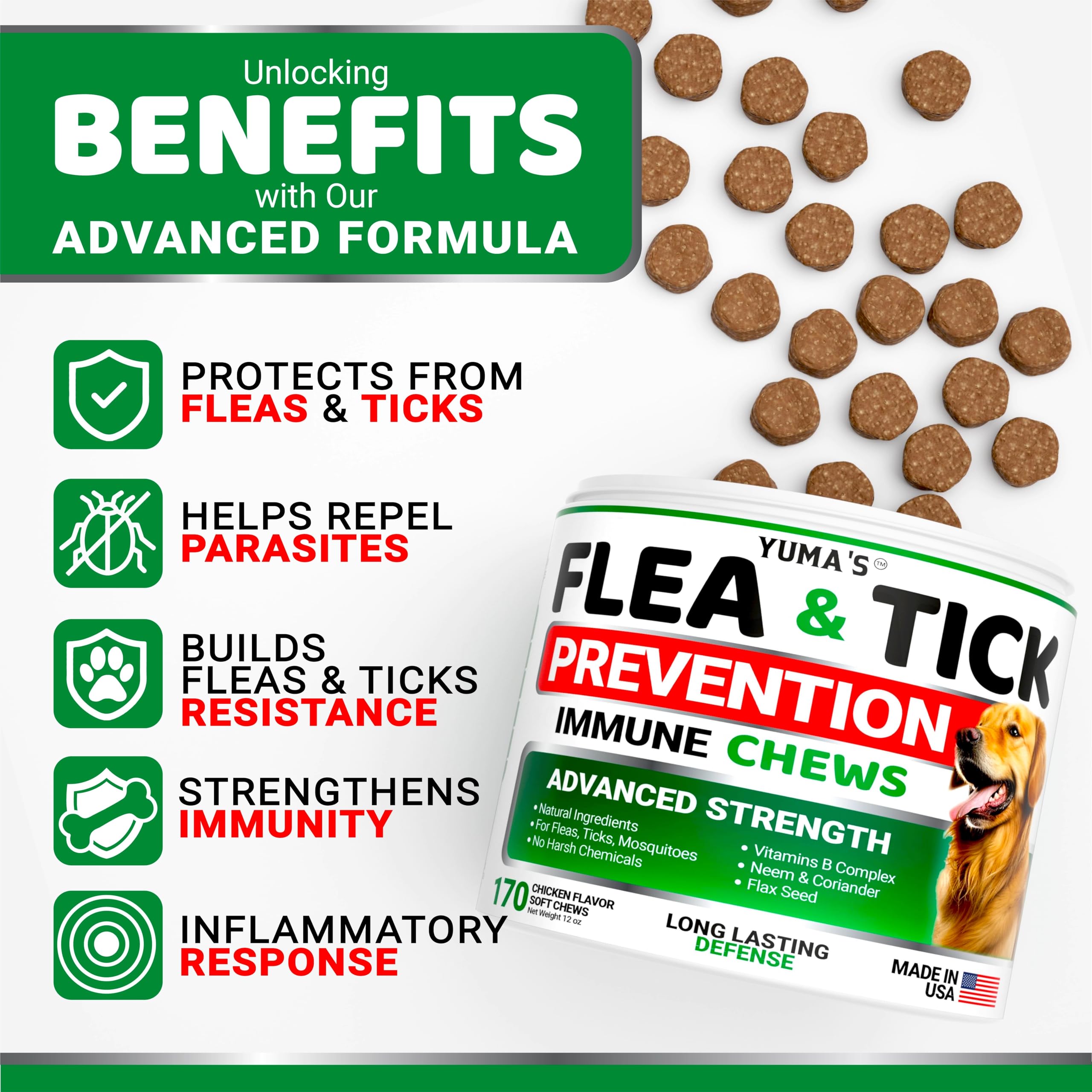Close-up of YUMA'S chicken-flavored chews highlighting easy dosing.