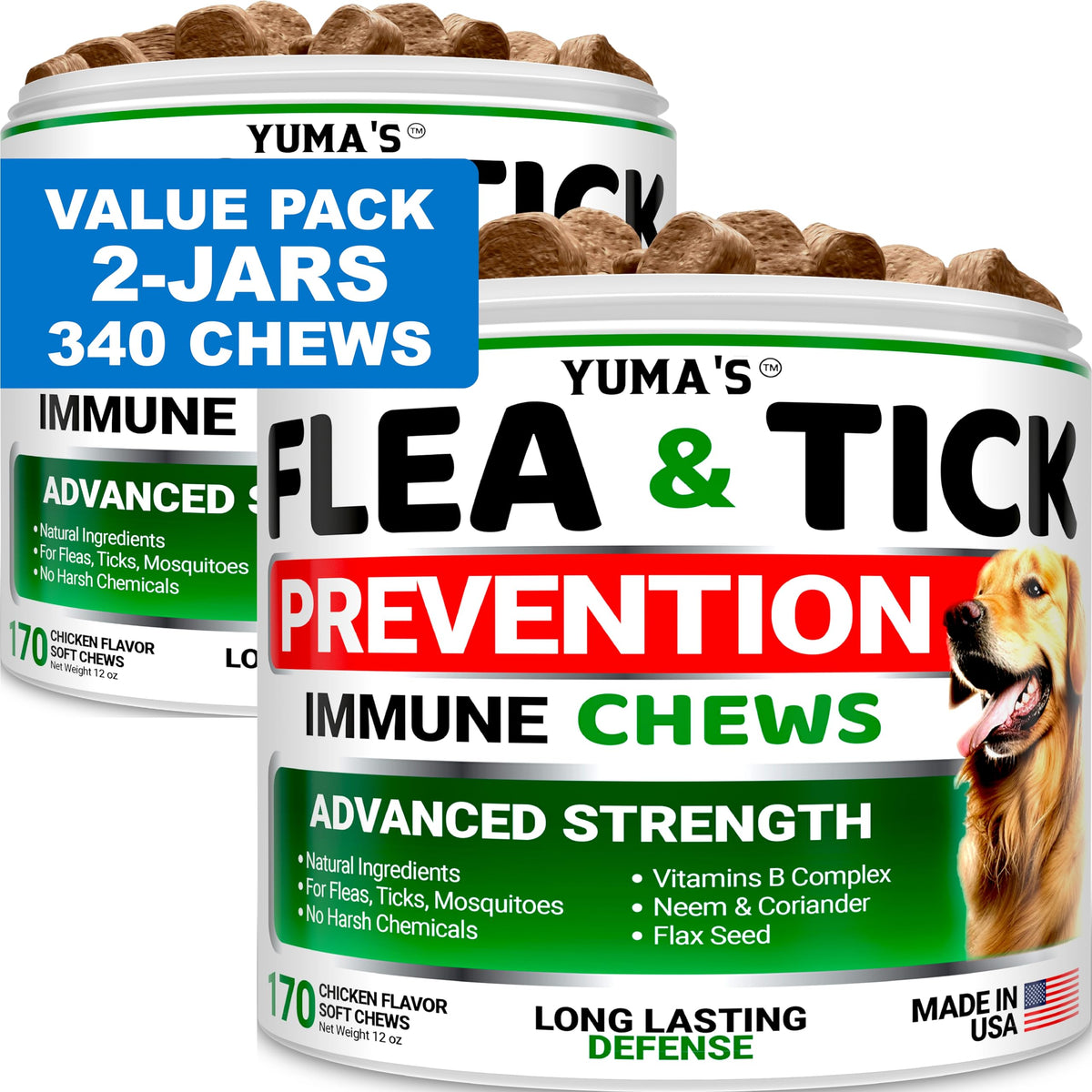 YUMA'S Flea and Tick chews pack front view highlighting natural protection for all breeds.