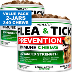 YUMA'S Flea and Tick chews pack front view highlighting natural protection for all breeds.