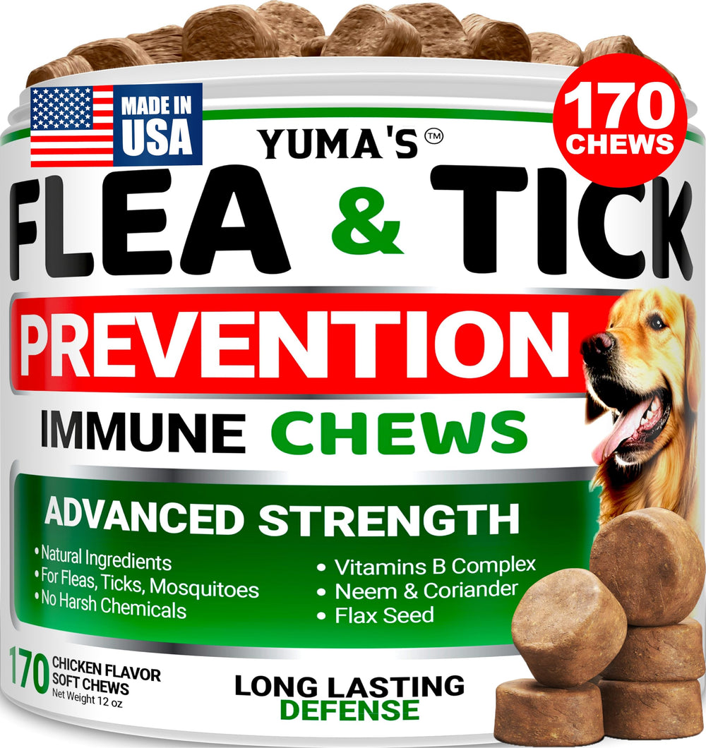 Packaging for YUMA'S flea tick chews shows daily protection for dogs of all breeds.