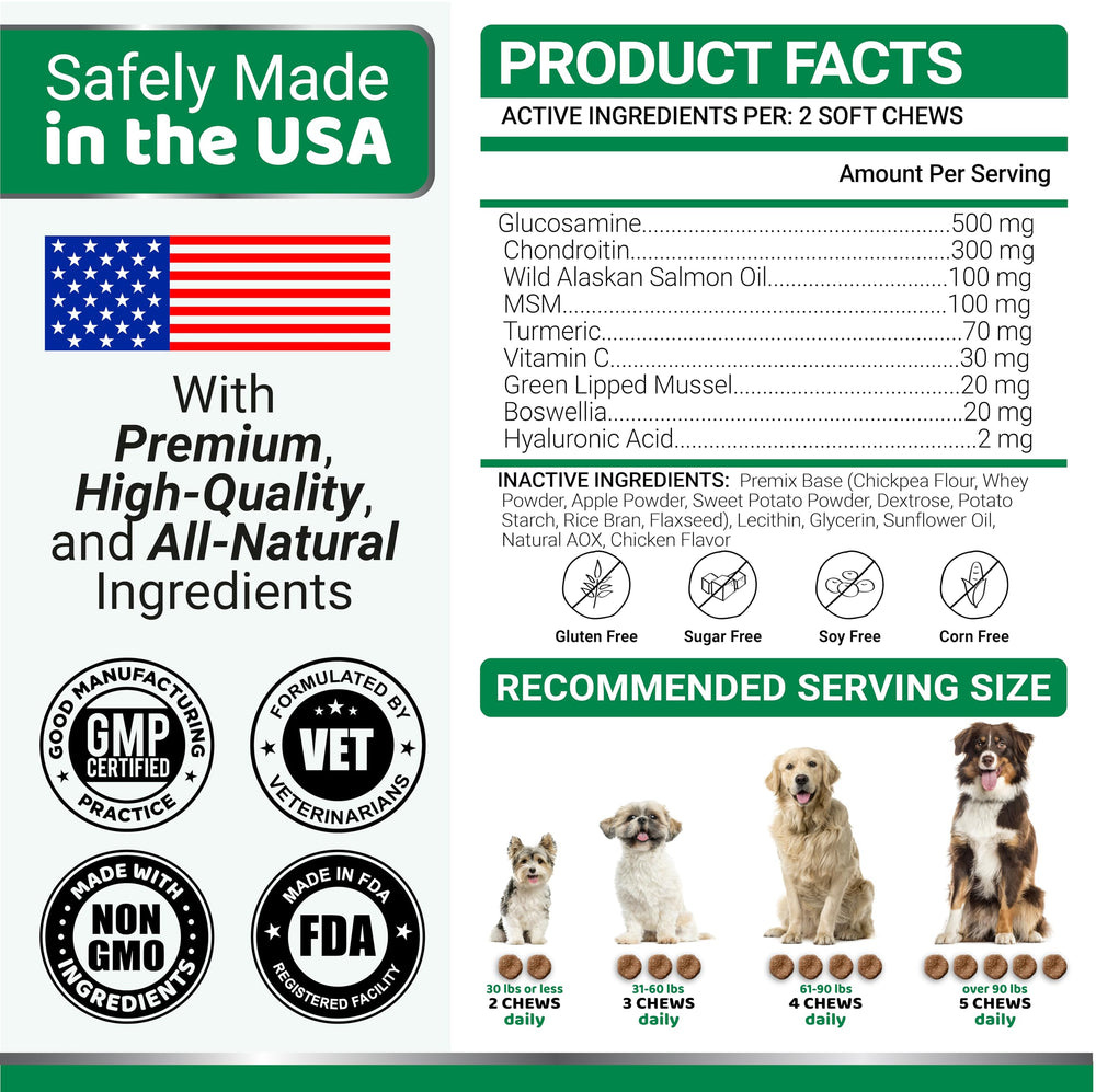 YUMA'S glucosamine dog chews close-up label emphasizes quality and USA-made assurance for joint care.
