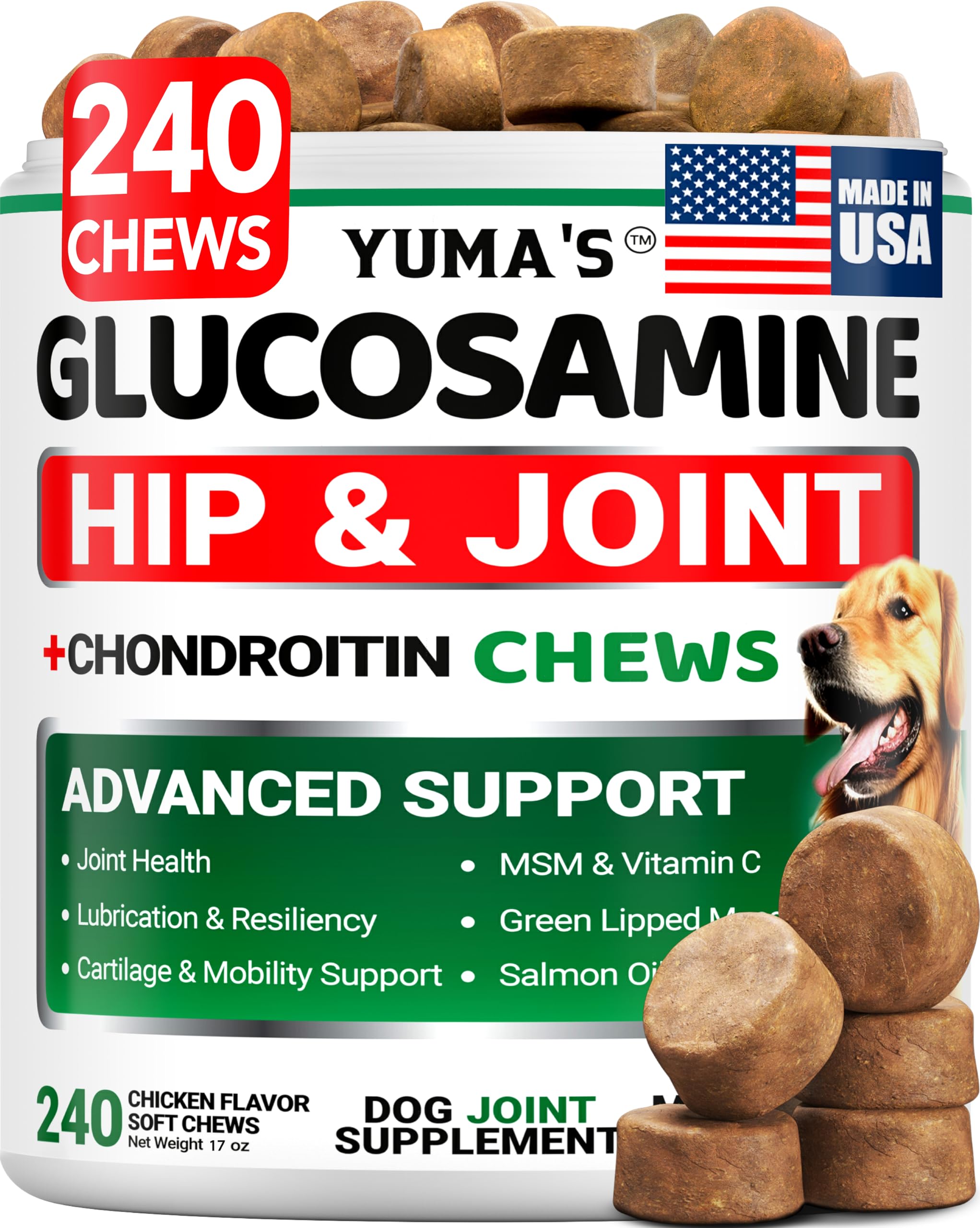 YUMA'S Glucosamine Dogs 240 chews bottle supports joint comfort for daily activity.