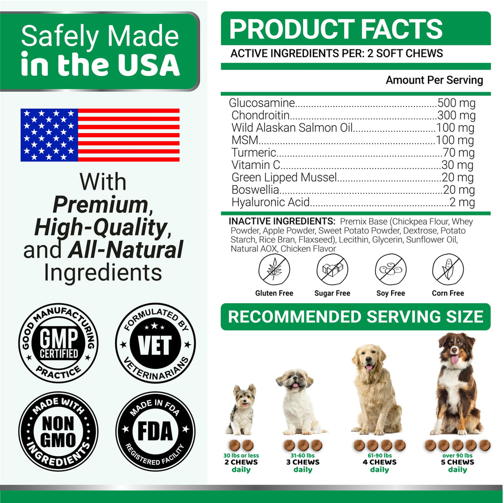 YUMA'S Glucosamine Dogs 240 chews made in USA emphasizes premium formulation.