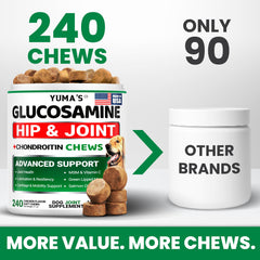YUMA'S Glucosamine Dogs 240 chews closeup highlights texture for joint health support.