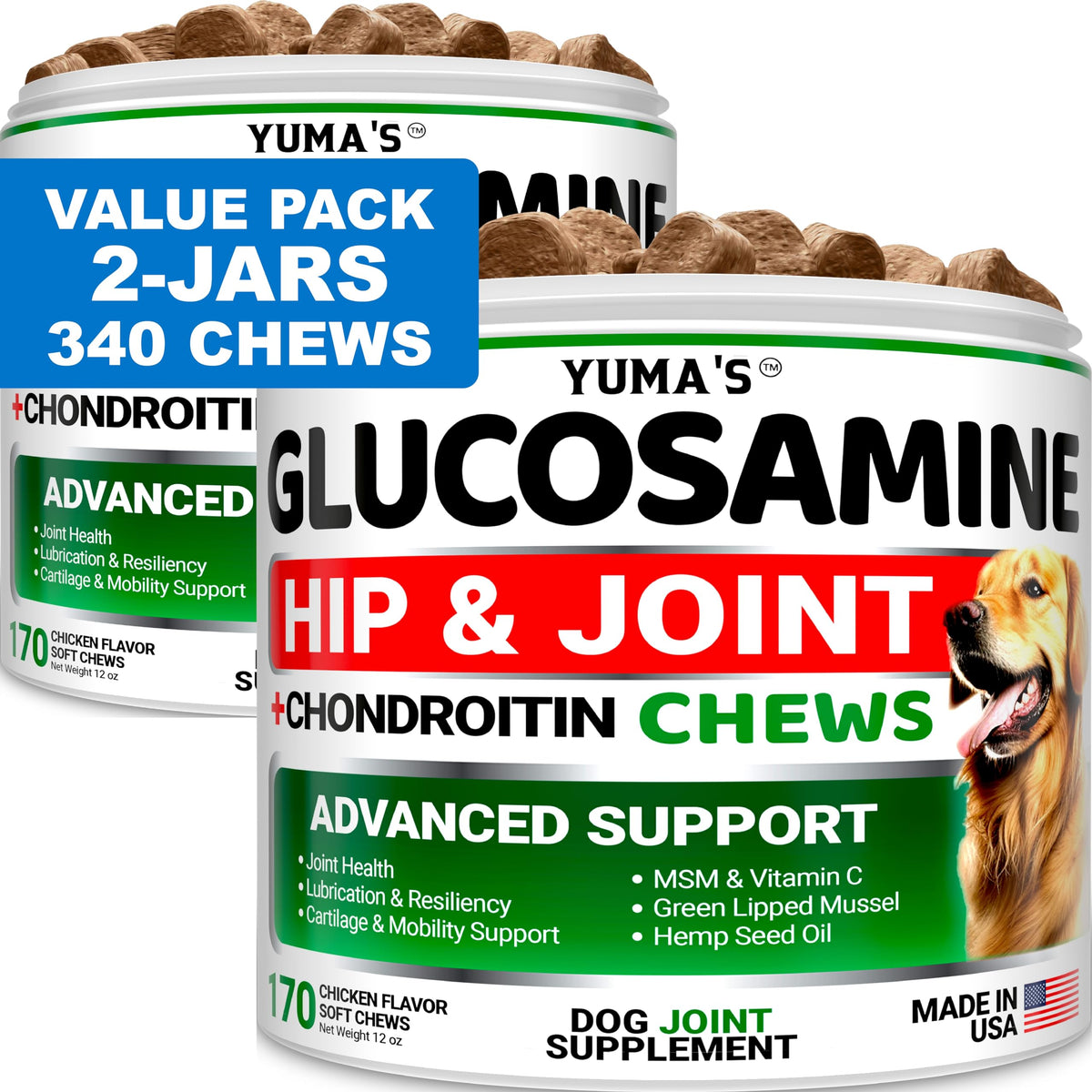 YUMA'S glucosamine 2-pack bottle for dogs supports joint health and easy dosing.