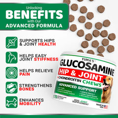YUMA'S glucosamine dog daily chews illustrate easy routine for better mobility.