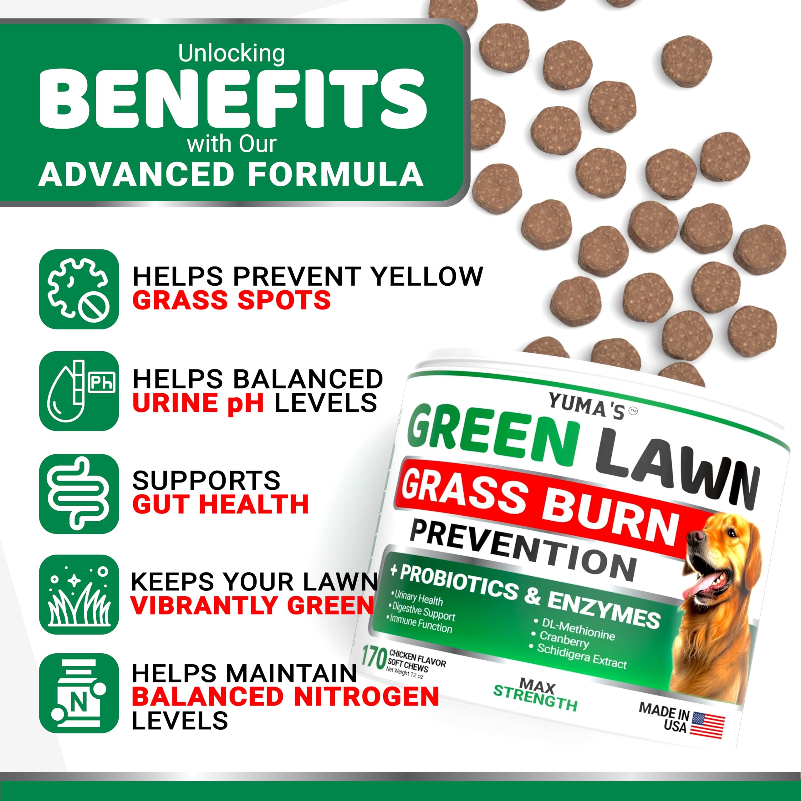 YUMA'S green lawn treats for dogs with probiotics promoting digestive wellness
