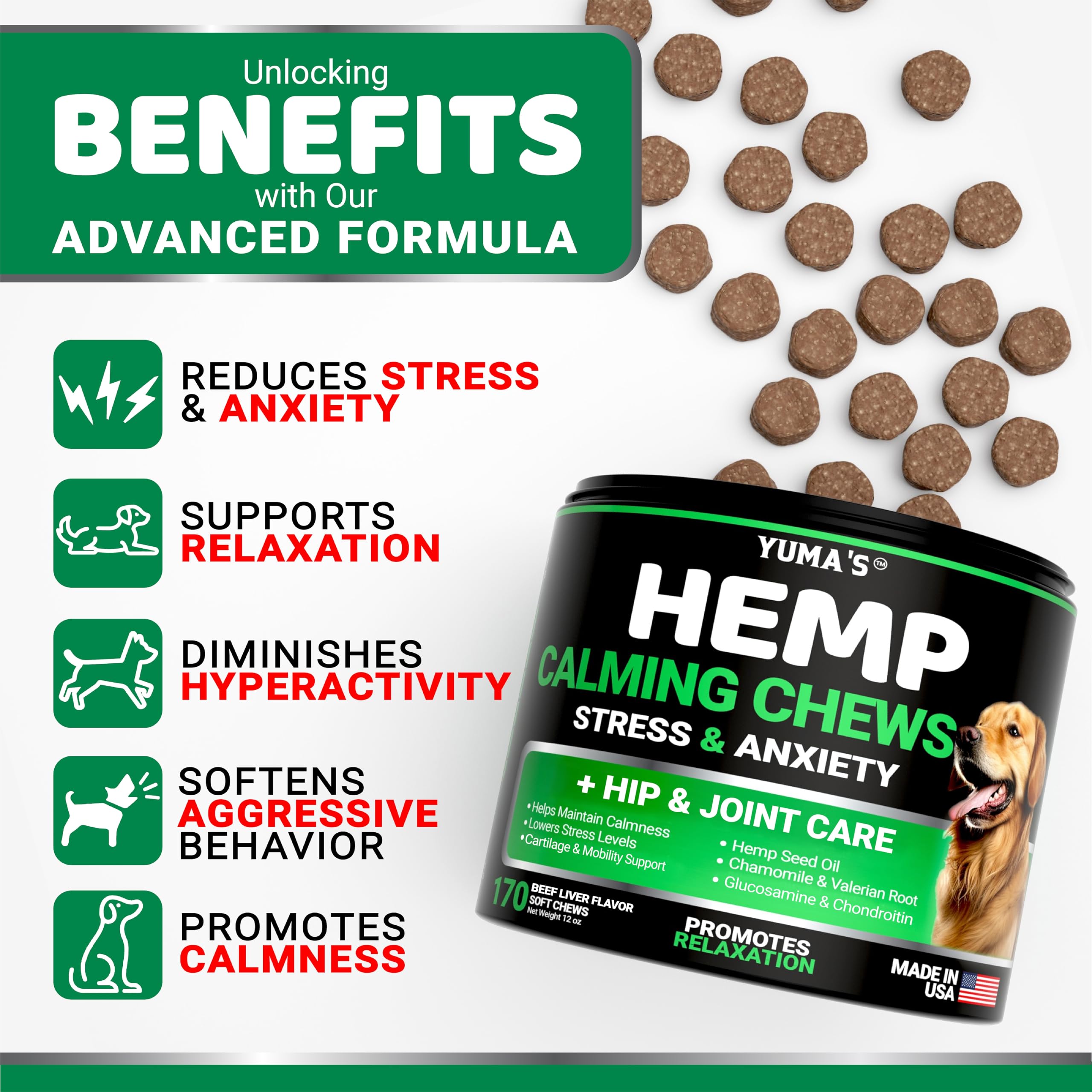 YUMA'S Hemp Calming Chews beef treats close-up highlighting a tasty option for anxious dogs.