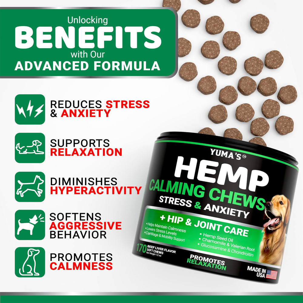 YUMA'S Hemp Calming Chews beef treats close-up highlighting a tasty option for anxious dogs.