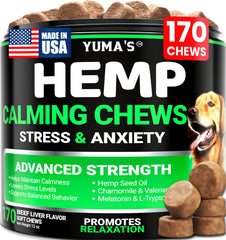 YUMA'S Hemp Calming Chews packaging shows 170 beef-flavored treats for calmer dogs.