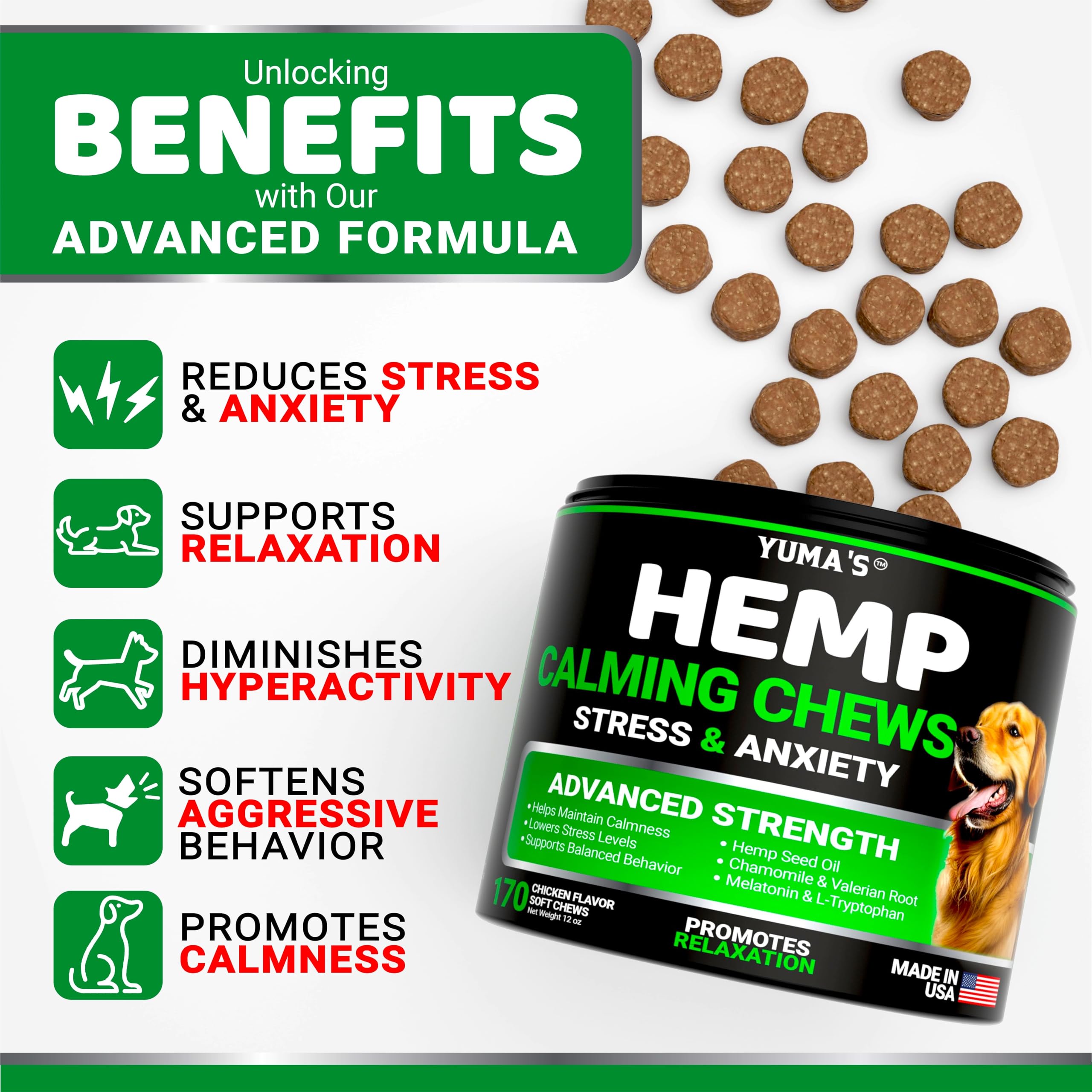 YUMA'S Hemp Calming Chews bottle closeup highlighting natural ingredients for dogs.