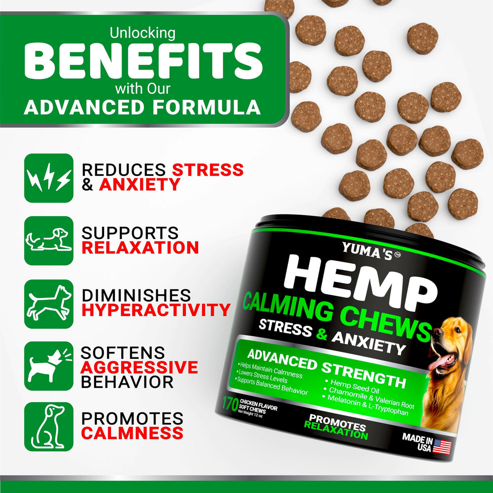 YUMA'S Hemp Calming Chews bottle closeup highlighting natural ingredients for dogs.