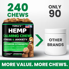 YUMA'S Hemp Calming Chews bottle closeup showcases the product packaging and branding.