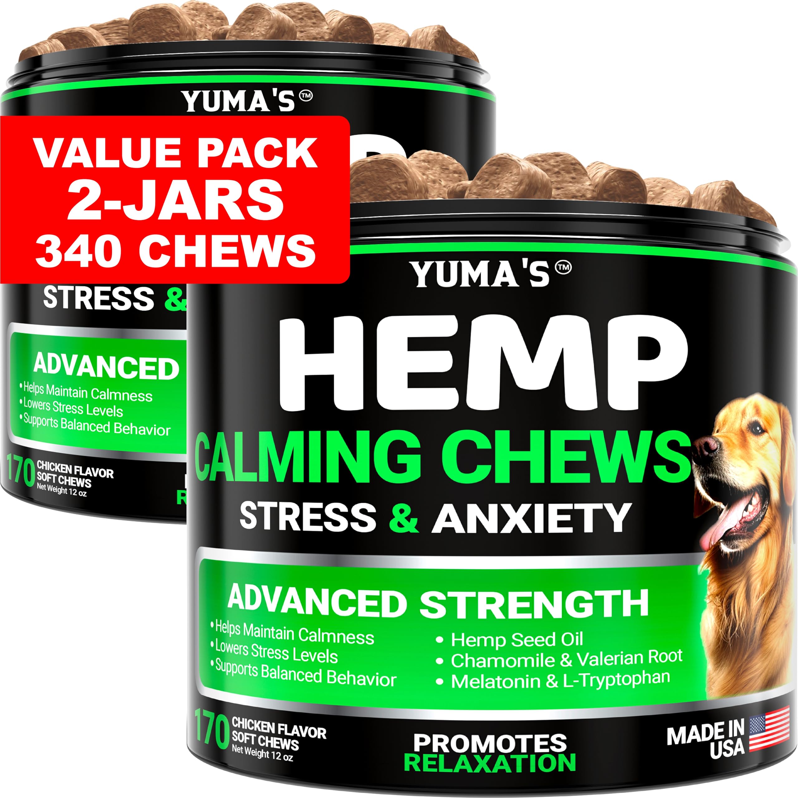 YUMA'S hemp calming chews pack bottle for calm routines