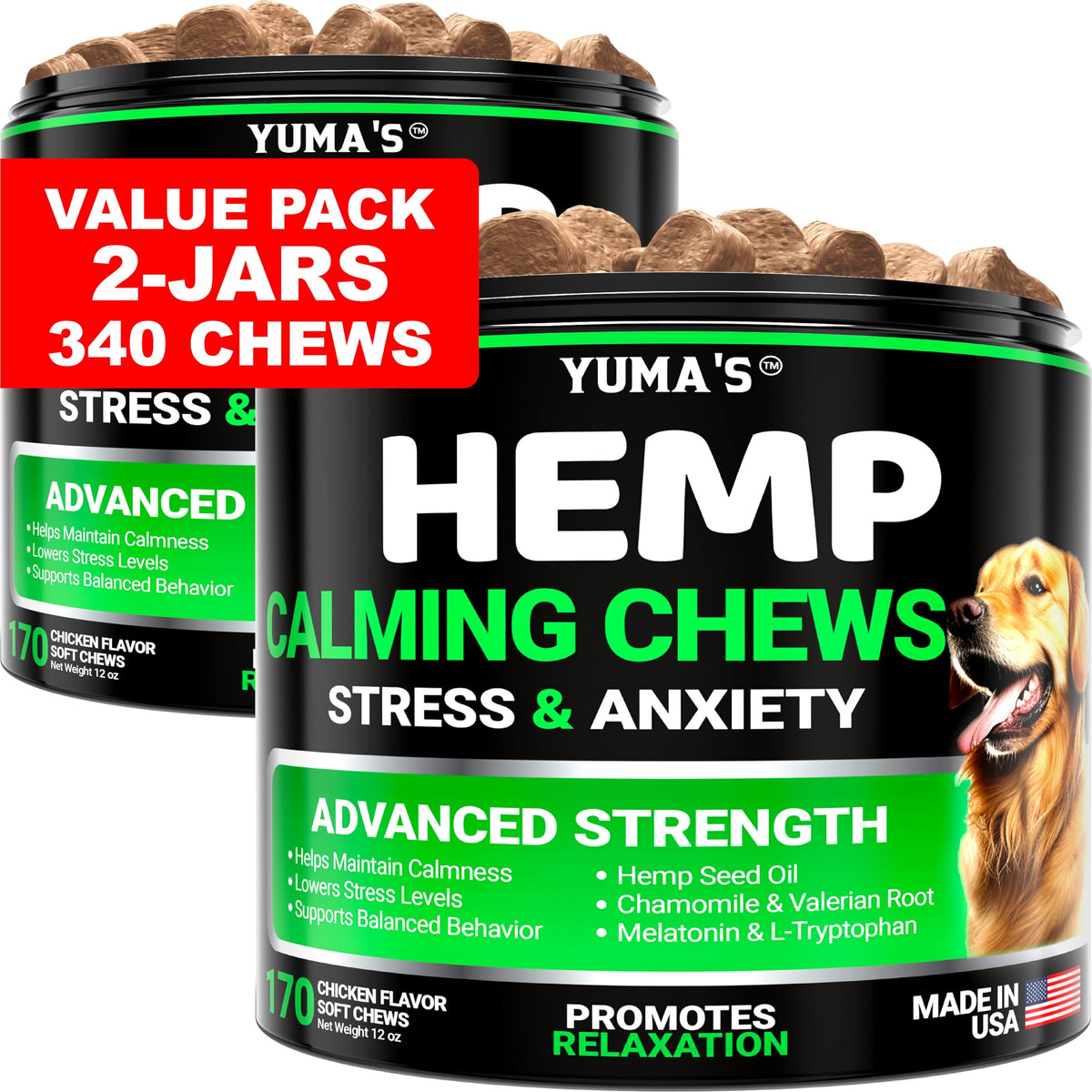YUMA'S hemp calming chews pack bottle for calm routines