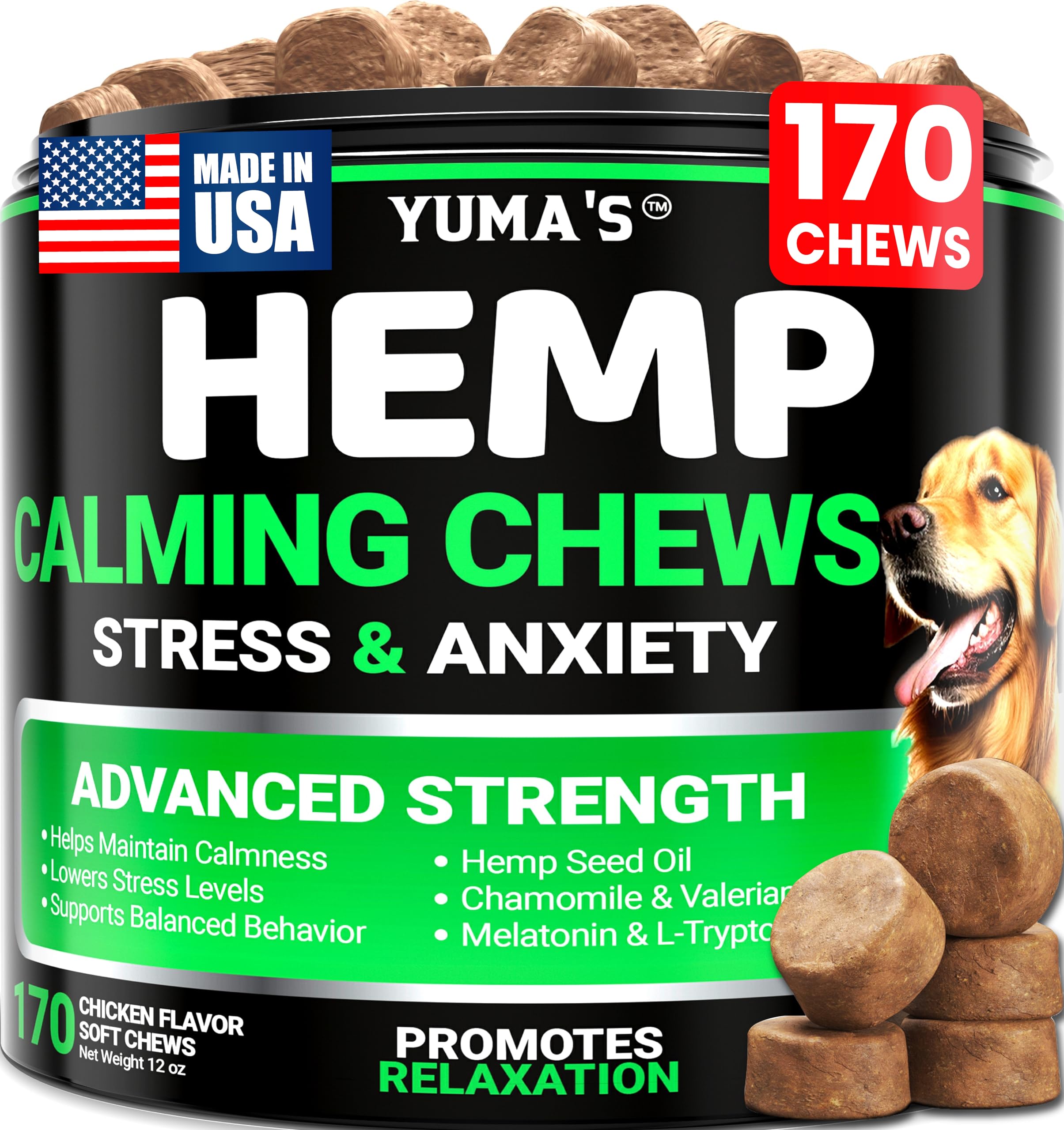 YUMA'S Hemp Calming Chews packaging shown for stress relief during storms.