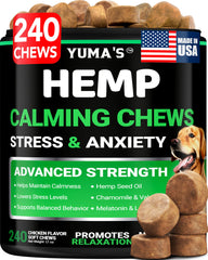 YUMA'S Hemp Calming Chews packaging emphasizes a natural anxiety relief option for dogs.