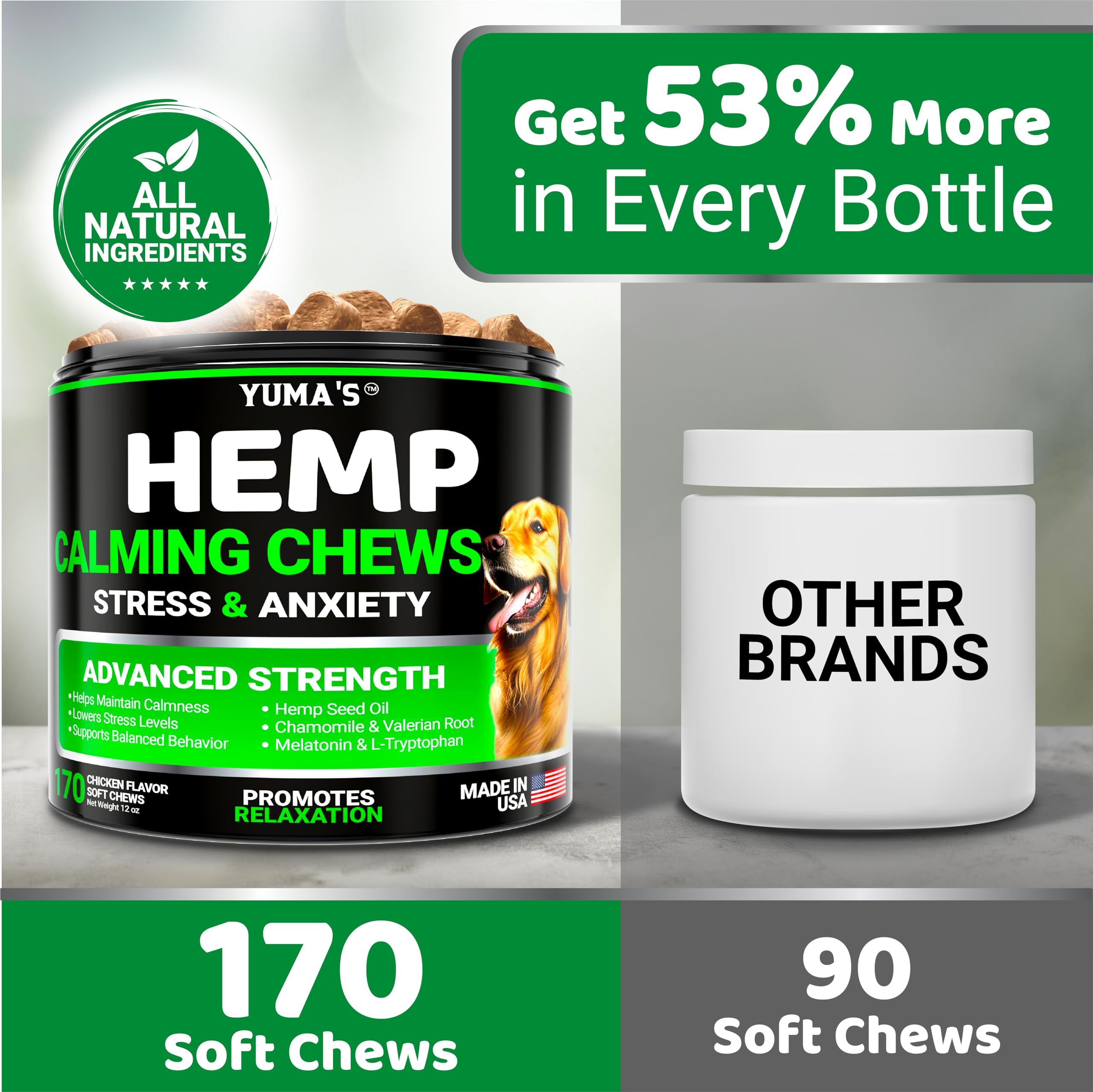 YUMA'S Hemp Calming Chews positioned for vet visits and stressful experiences.