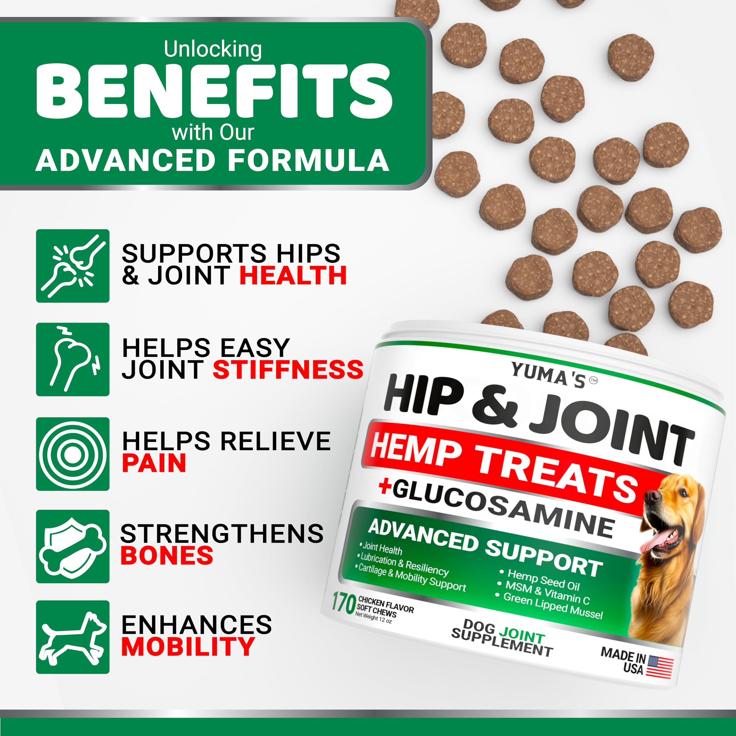 YUMA'S hemp joint chews closeup highlights treat-like format for daily use.