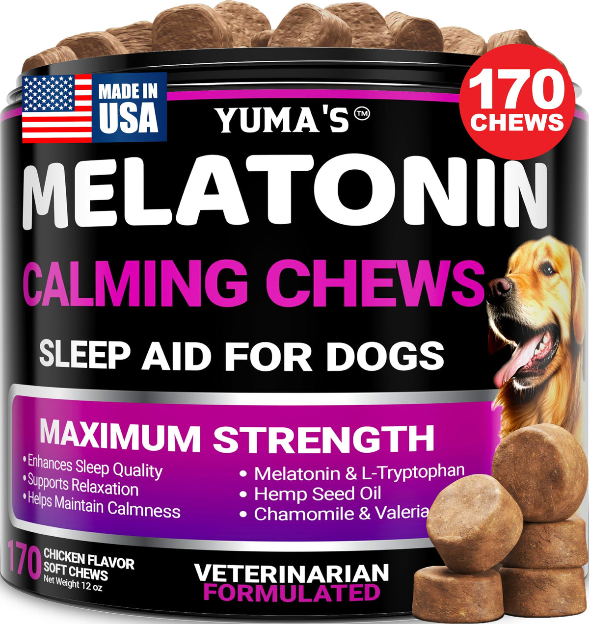 YUMA'S Melatonin for Dogs bottle and pour promotes calm evenings.