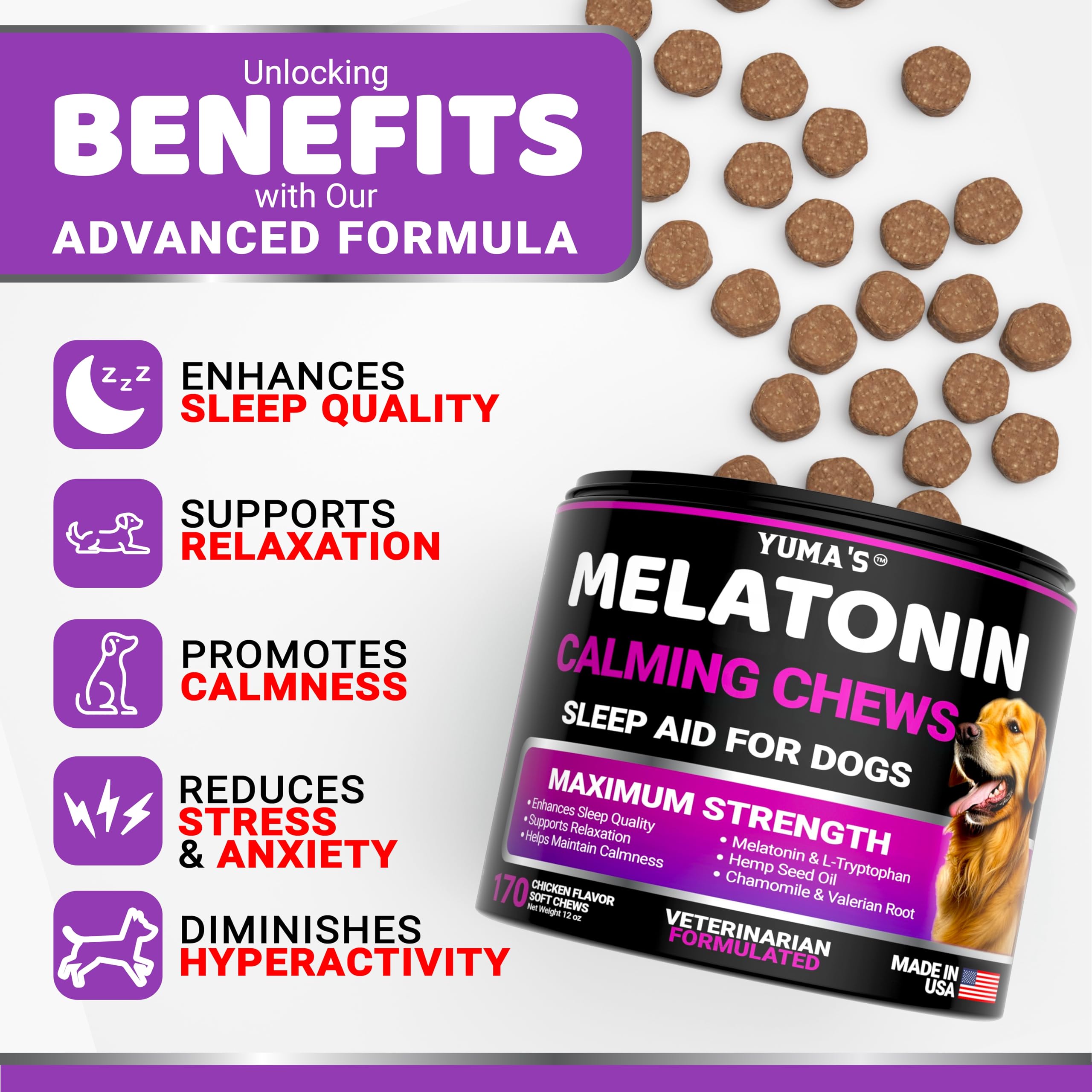 YUMA'S Melatonin for Dogs chews close-up highlights stress-relief treats.