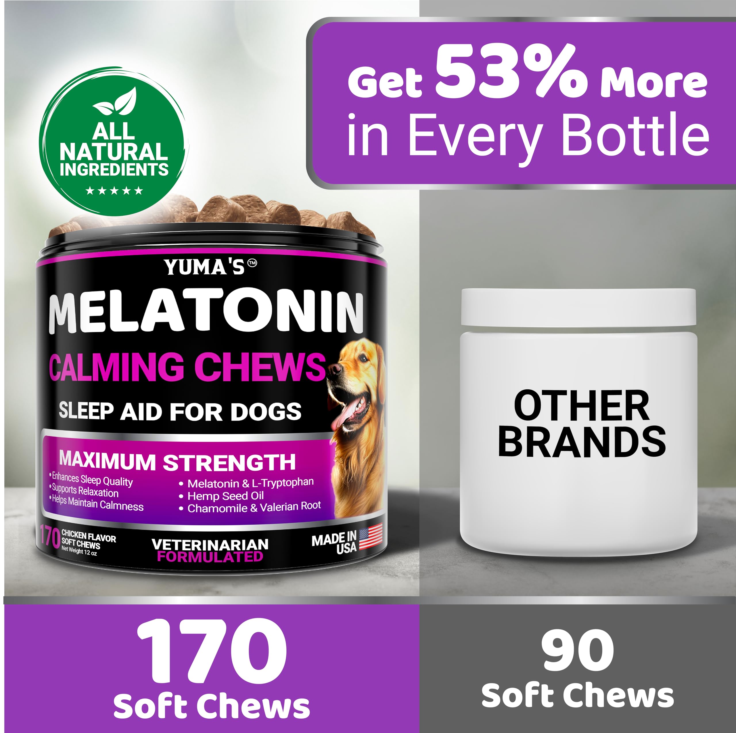 YUMA'S Melatonin for Dogs vet-formulated and USA-made product emphasizing quality and safety.