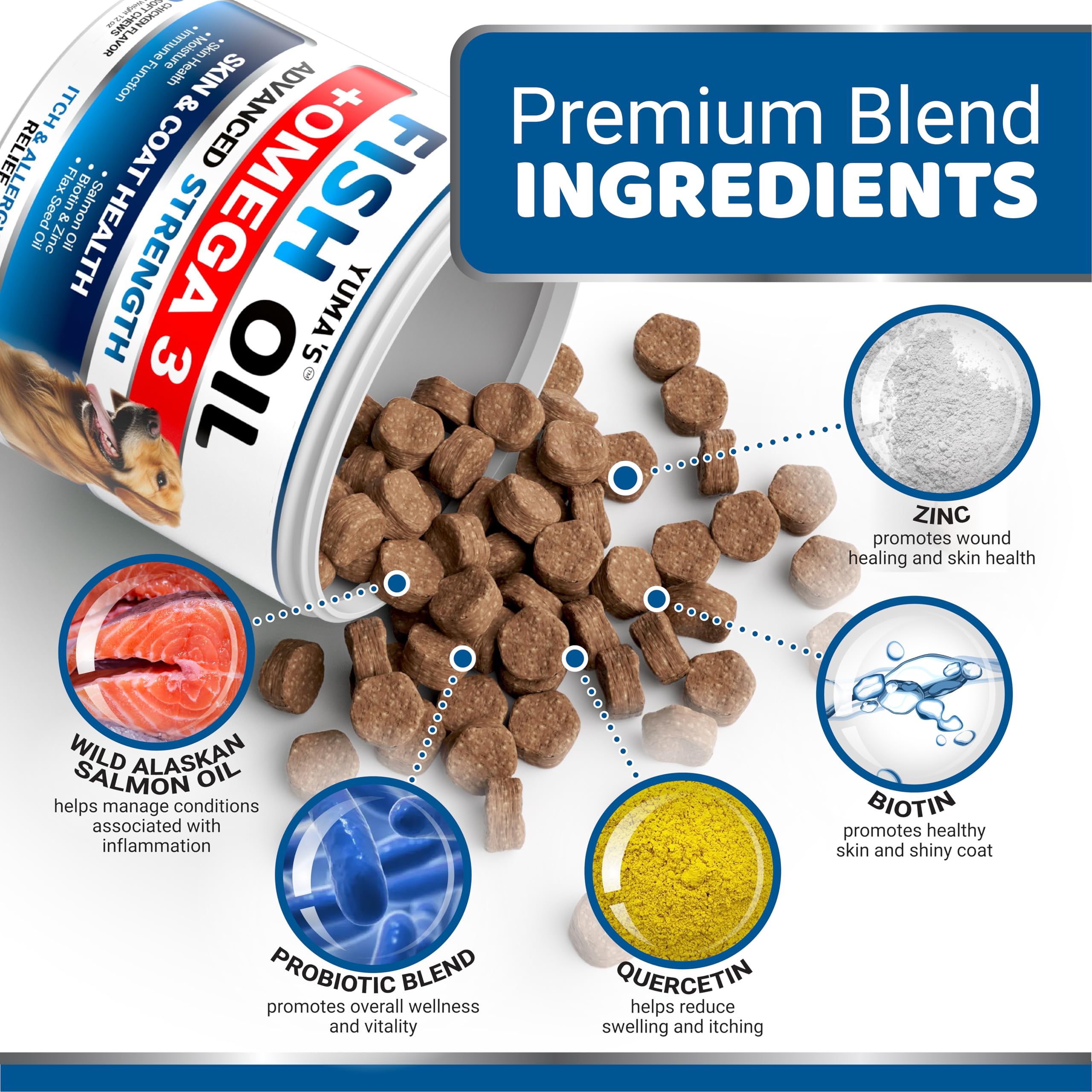 YUMA'S Omega 3 dogs bowl with chews shows daily treats supporting allergy-aware skin comfort.