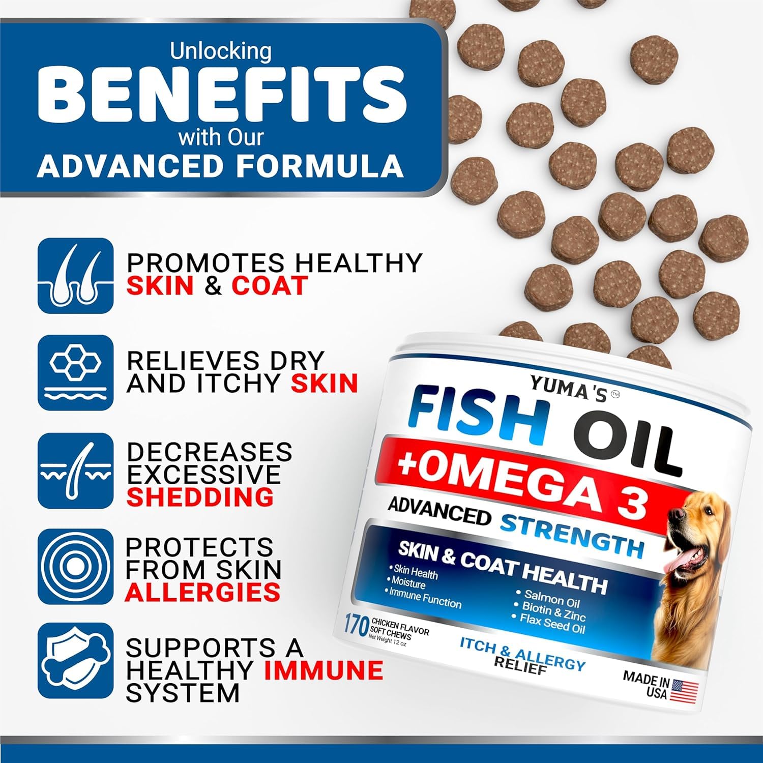 YUMA'S Omega 3 dog chews closeup highlights salmon flavor and shiny coat benefits.