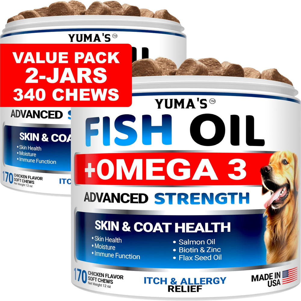 YUMA'S Omega 3 for dogs bottle front promotes healthy skin and coat.