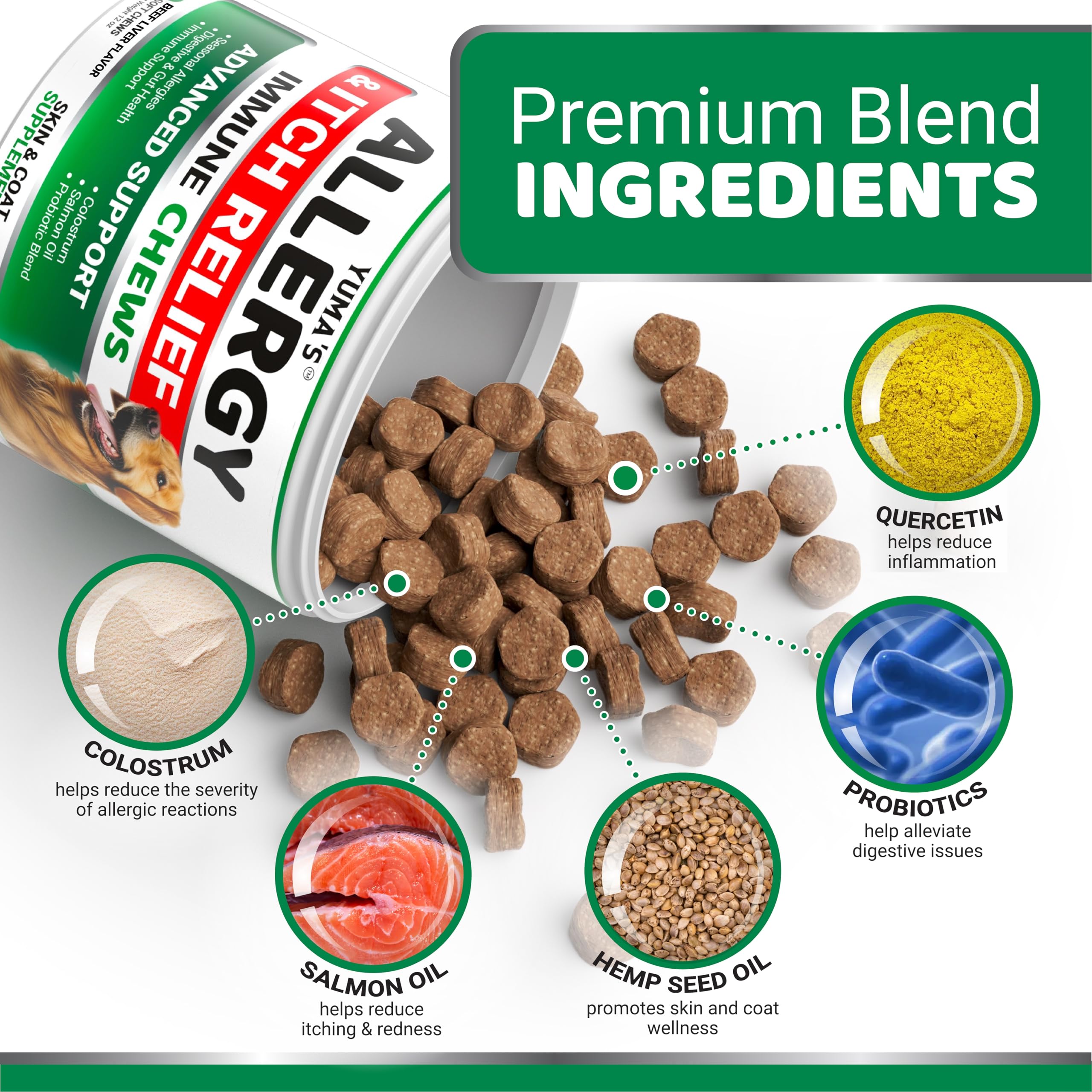 YUMA'S chews featuring omega-3 fish oil for coat and skin nourishment.