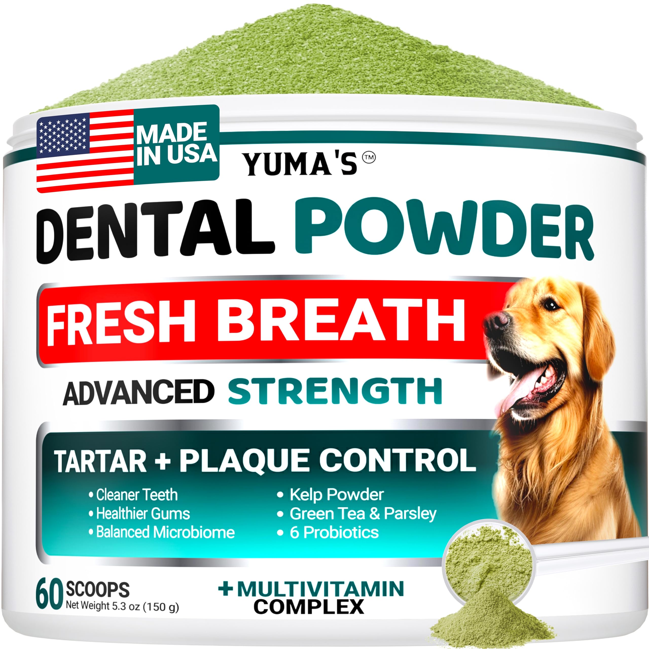 YUMA'S polvo dental para perros, aliento fresco y uso diario.