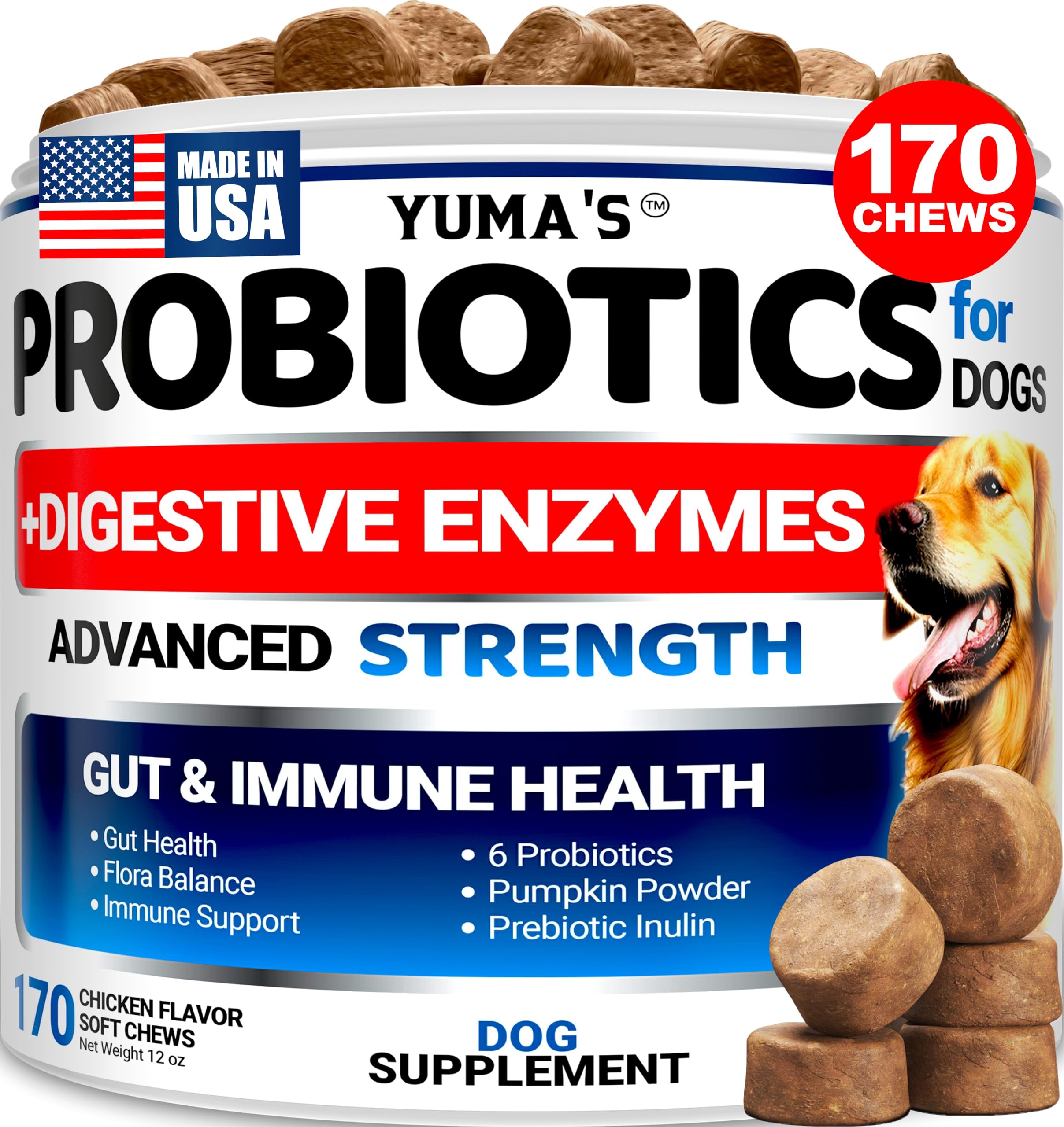 YUMA'S dog probiotic chews bottle-front view for easy daily gut support