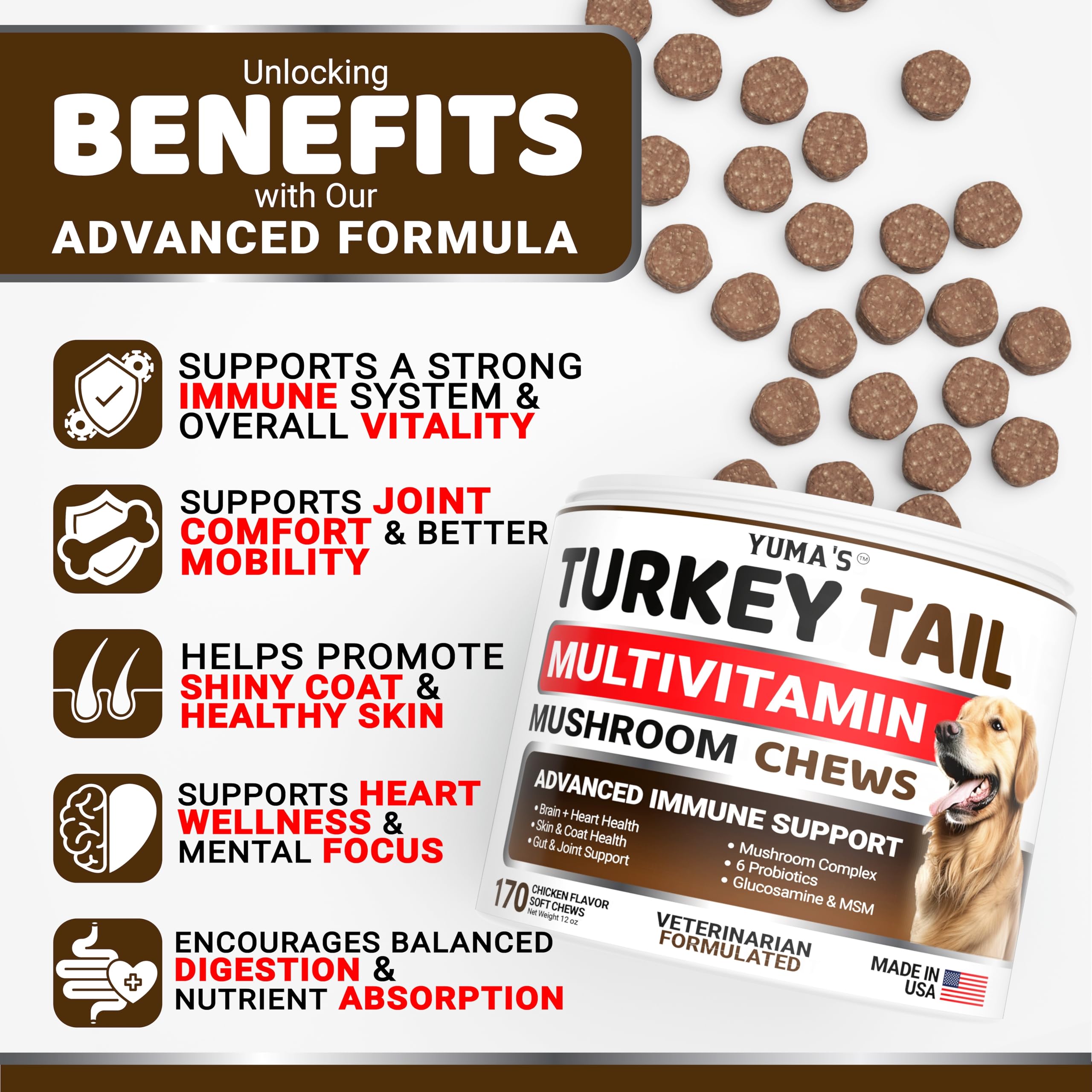 YUMA'S Turkey Tail dog chews support joints for active dogs.