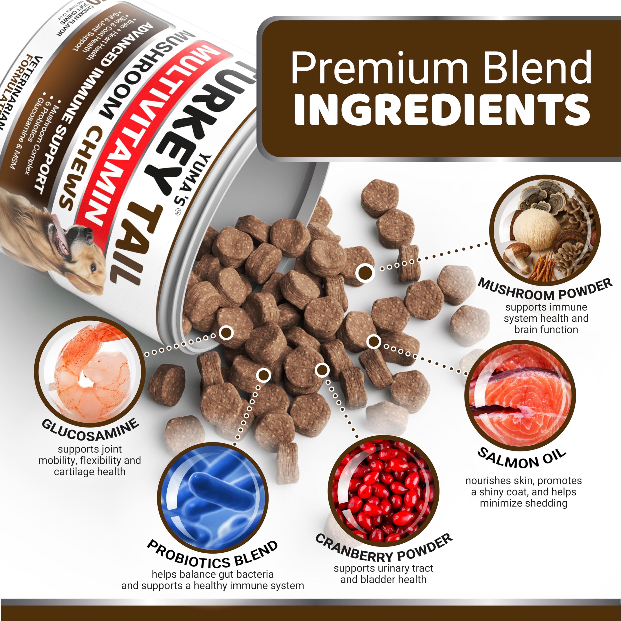 YUMA'S Turkey Tail dog chews promote healthy skin and coat.