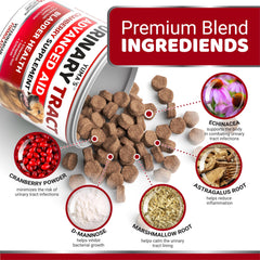 YUMA'S vet-formulated UTI cranberry pill label close-up shows trusted canine urinary health blend