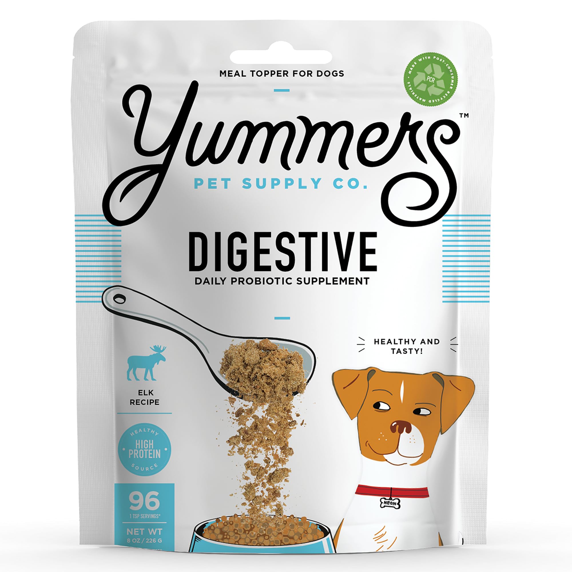 Yummers dog meal-topping dispensing makes sprinkling easy for daily meals.