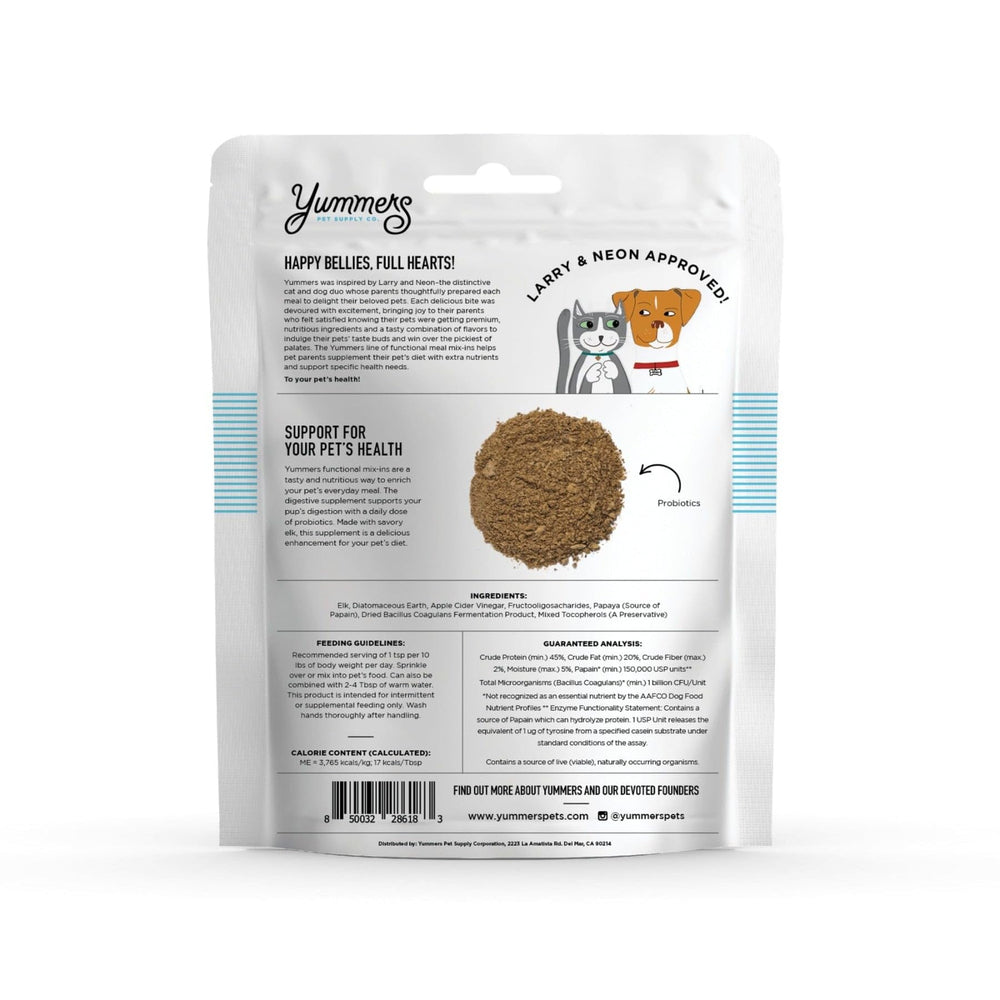 Yummers elk-recipe probiotic bites aid gut balance when mixed into meals.