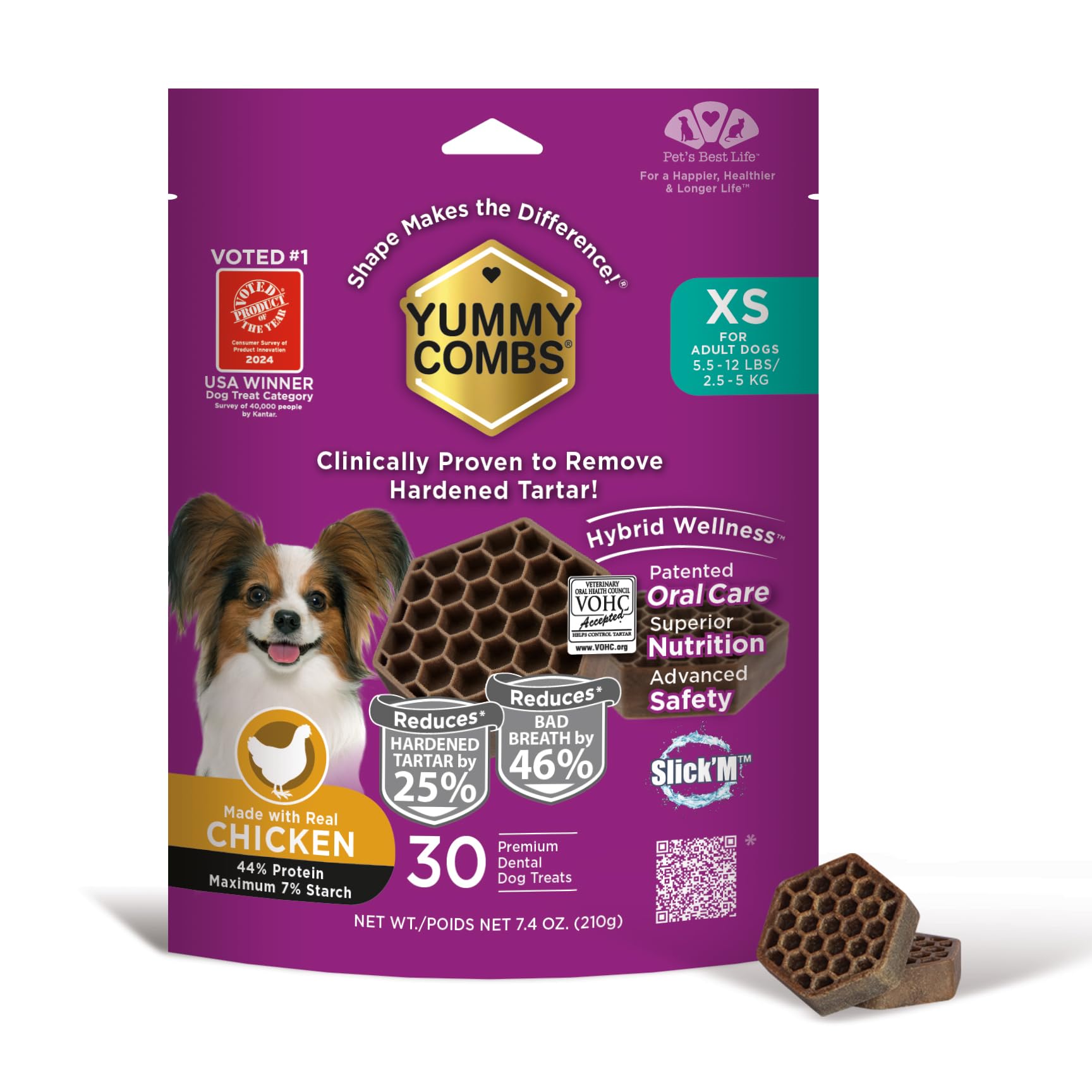 Yummy Combs pack shot shows 30-count box for small dogs promoting tartar removal
