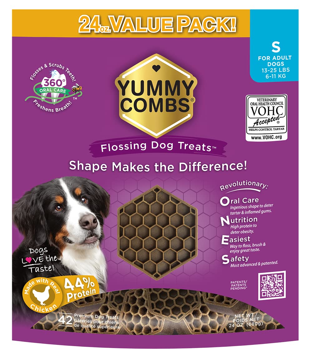 Yummy Combs VOHC-approved dental treats in packaging highlighting tartar control