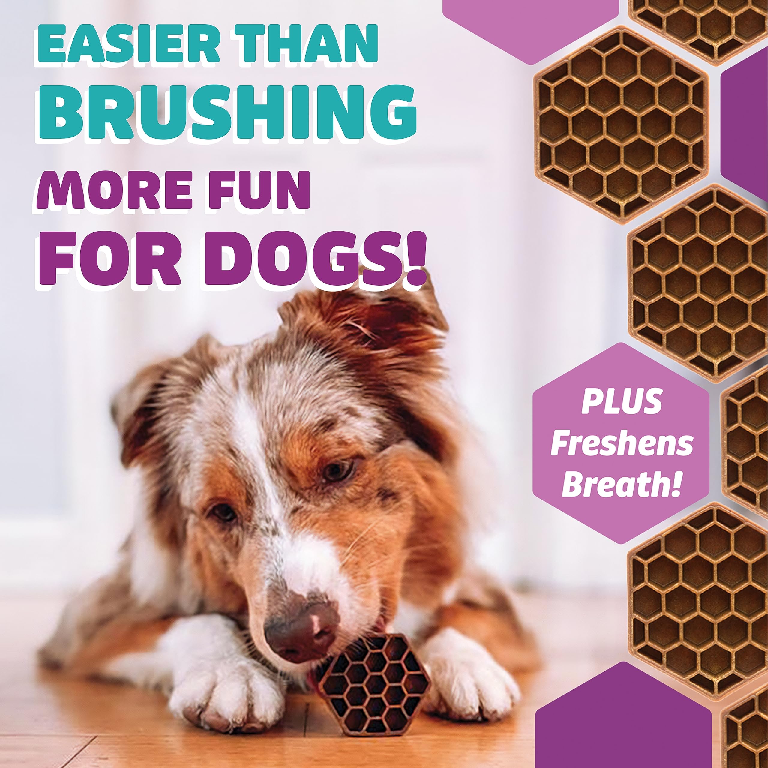 Yummy Combs honeycomb shape closeup emphasizes texture for thorough canine chewing.