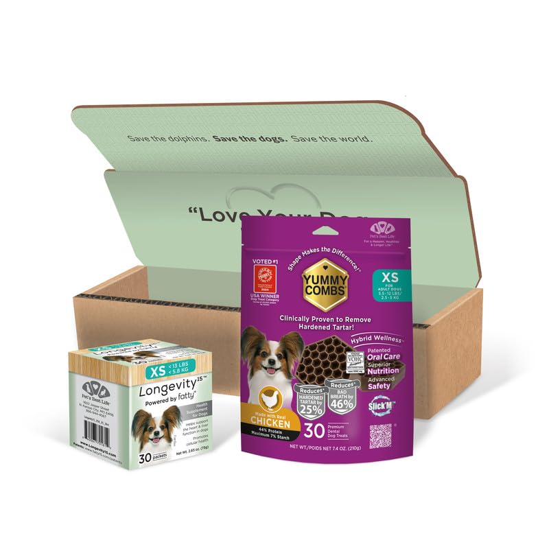 Yummy Combs Longevity15 bottle with label highlights daily wellness support for small dogs