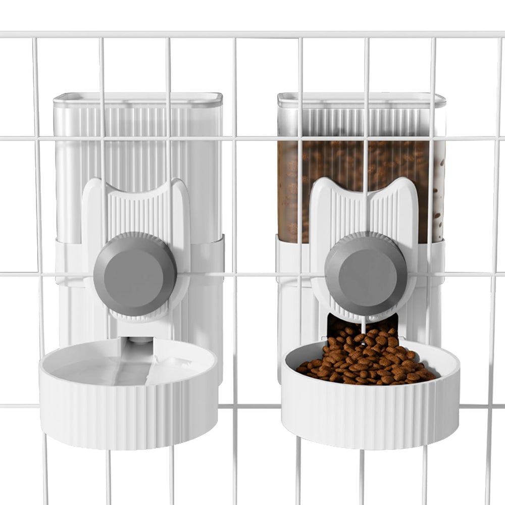 Yummy Sam hanging-cage dispenser front view shows gravity feeder for tidy feeding.